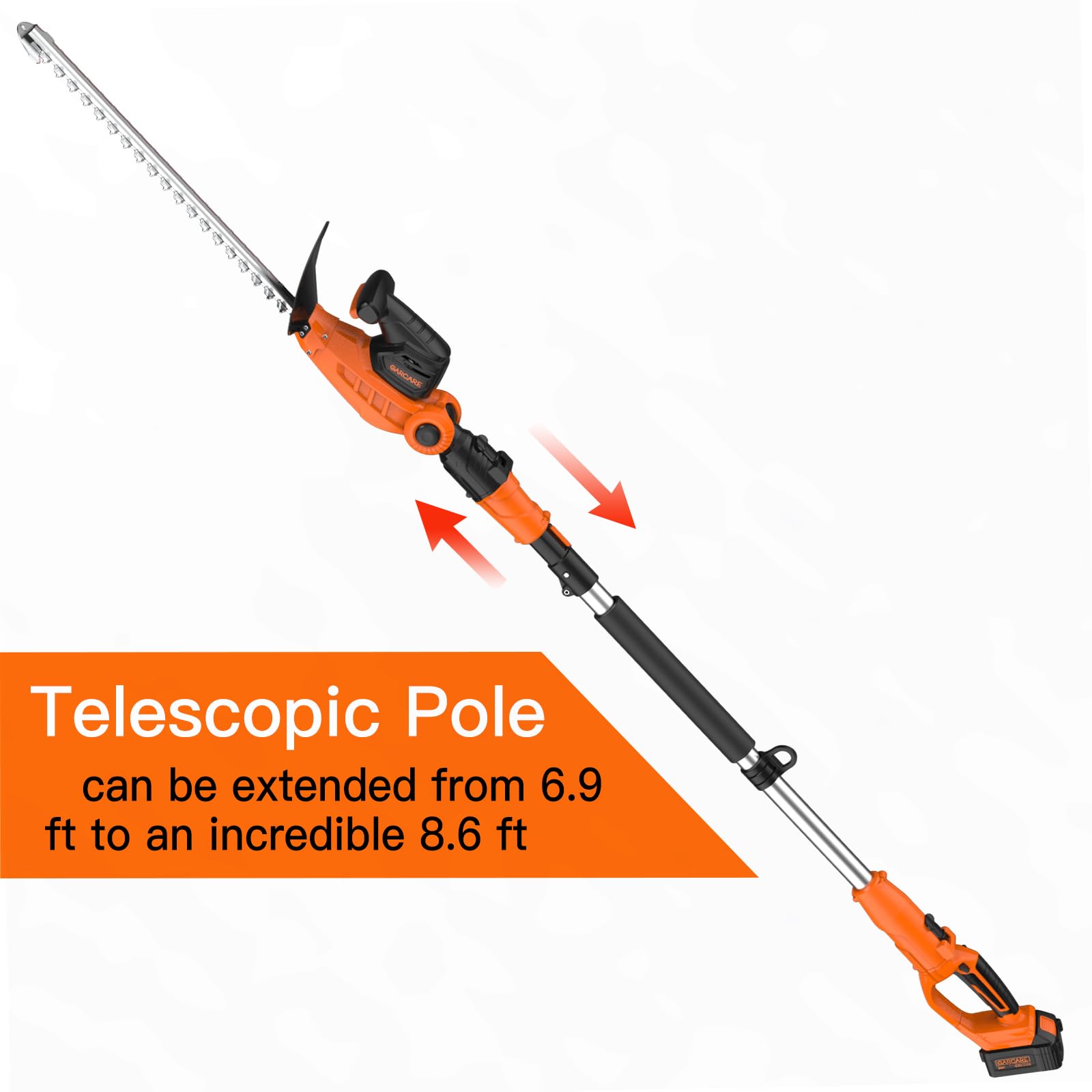 GARCARE 20V Cordless 2-in-1 Pole Hedge Trimmer with 4.0Ah Battery & Quick Charger - 20 Inch Cutting Blade, 7/10 Inch Cutting Capacity - Perfect for Tall Hedges, Tree Branches & Hard-to-Reach Areas