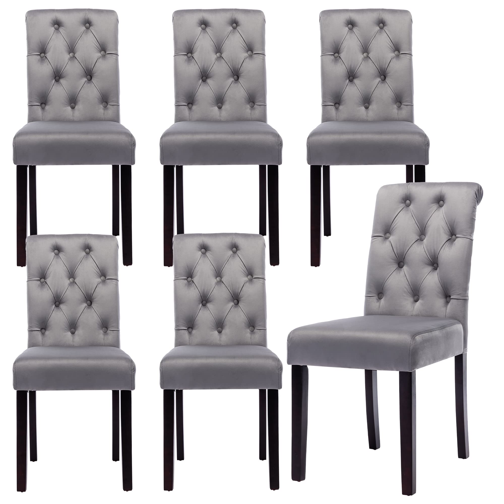 Luxury Velvet Upholstered Dining Chairs Set of 6 - Modern Tufted Side Chairs with Wooden Legs for Kitchen, Dining Room & Home Decor (Grey) - Perfect for Family Gatherings, Dinner Parties & Elegant Home Interiors