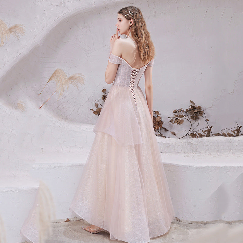 Elegant Off Shoulder Beaded Shiny Pink Prom Dress - A-Line Formal Evening Gown for Homecoming, Quinceañera & Special Occasions | Style 701