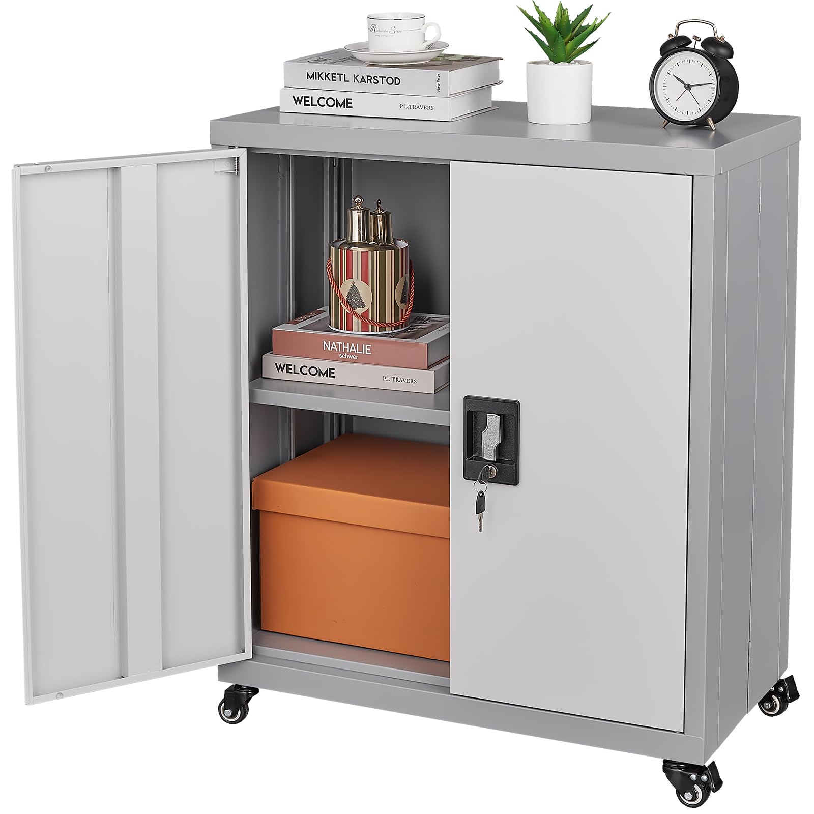 Lockable Metal Storage Cabinet with Adjustable Shelves & Wheels - Heavy Duty Garage Organizer for Home, Office, Kitchen & Living Room - Space Saving Grey Steel Cabinet for Tools, Supplies & Household Items