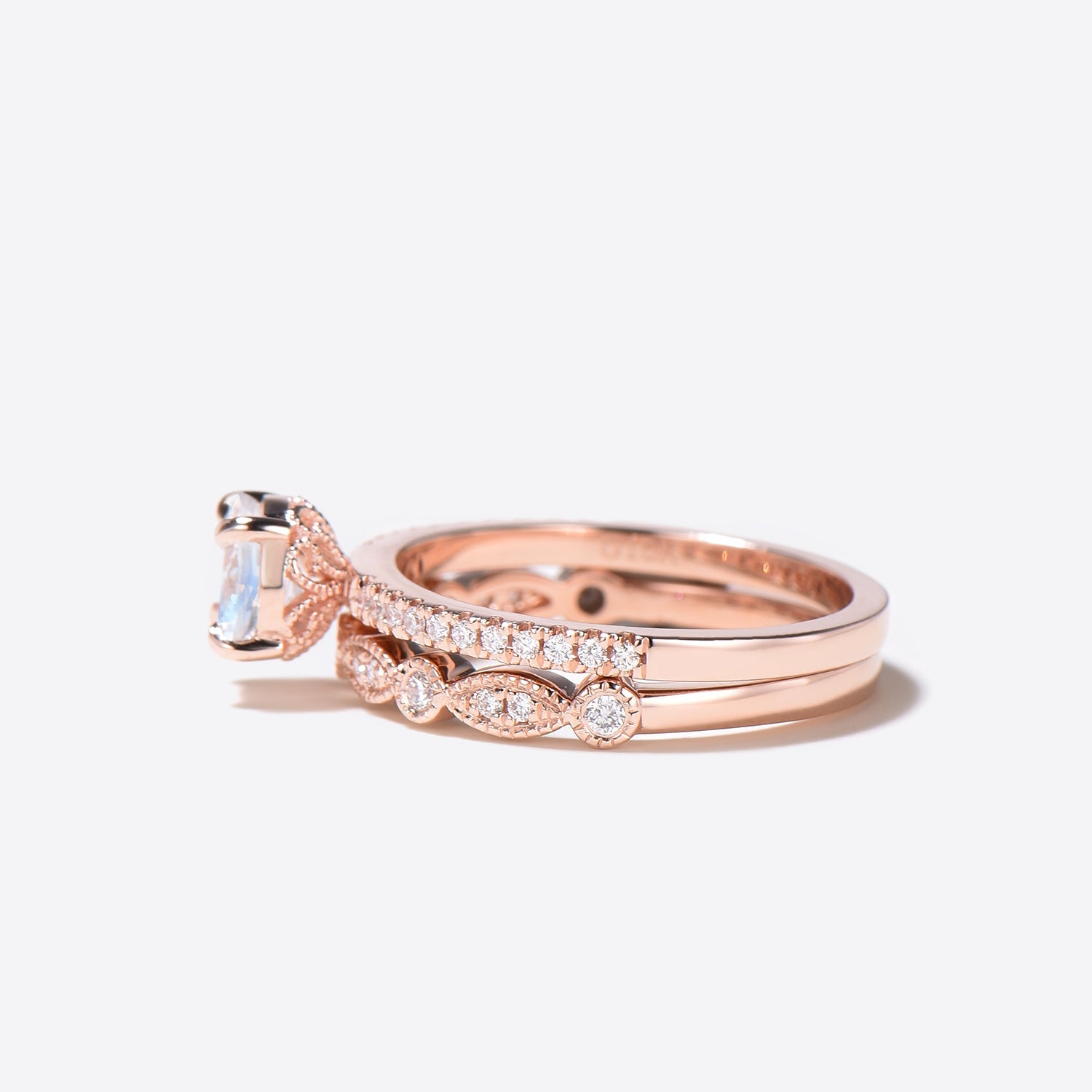 Vintage Rainbow Moonstone Diamond Rose Gold Engagement Ring Set - 2 Piece Bridal Jewelry for Wedding, Proposal & Anniversary Gifts