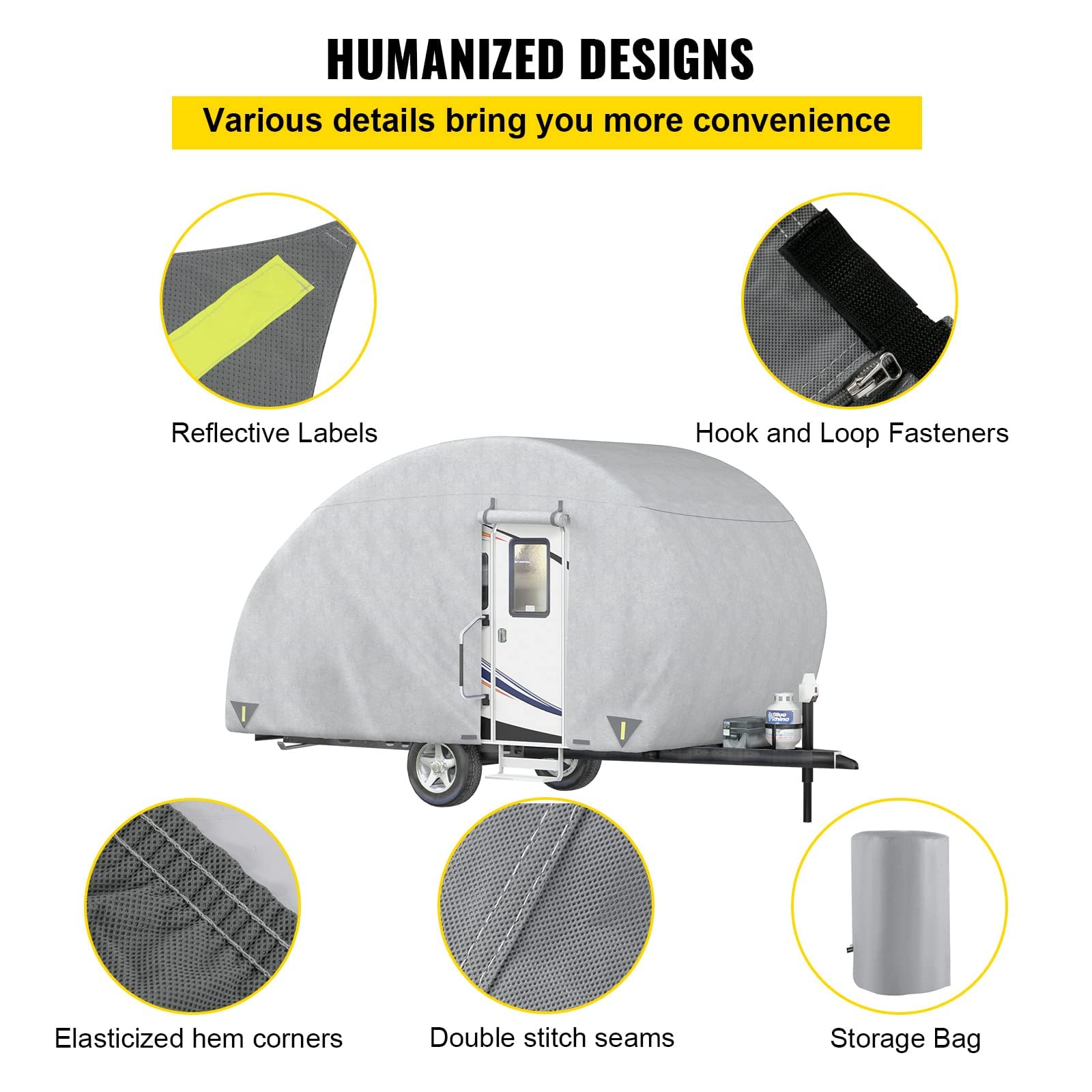 VEVOR 10'-12' Teardrop Trailer Cover - 4-Layer UV-Proof Waterproof Camper Cover with Windproof Straps & Storage Bag - Perfect for Outdoor Travel & Winter Storage Protection