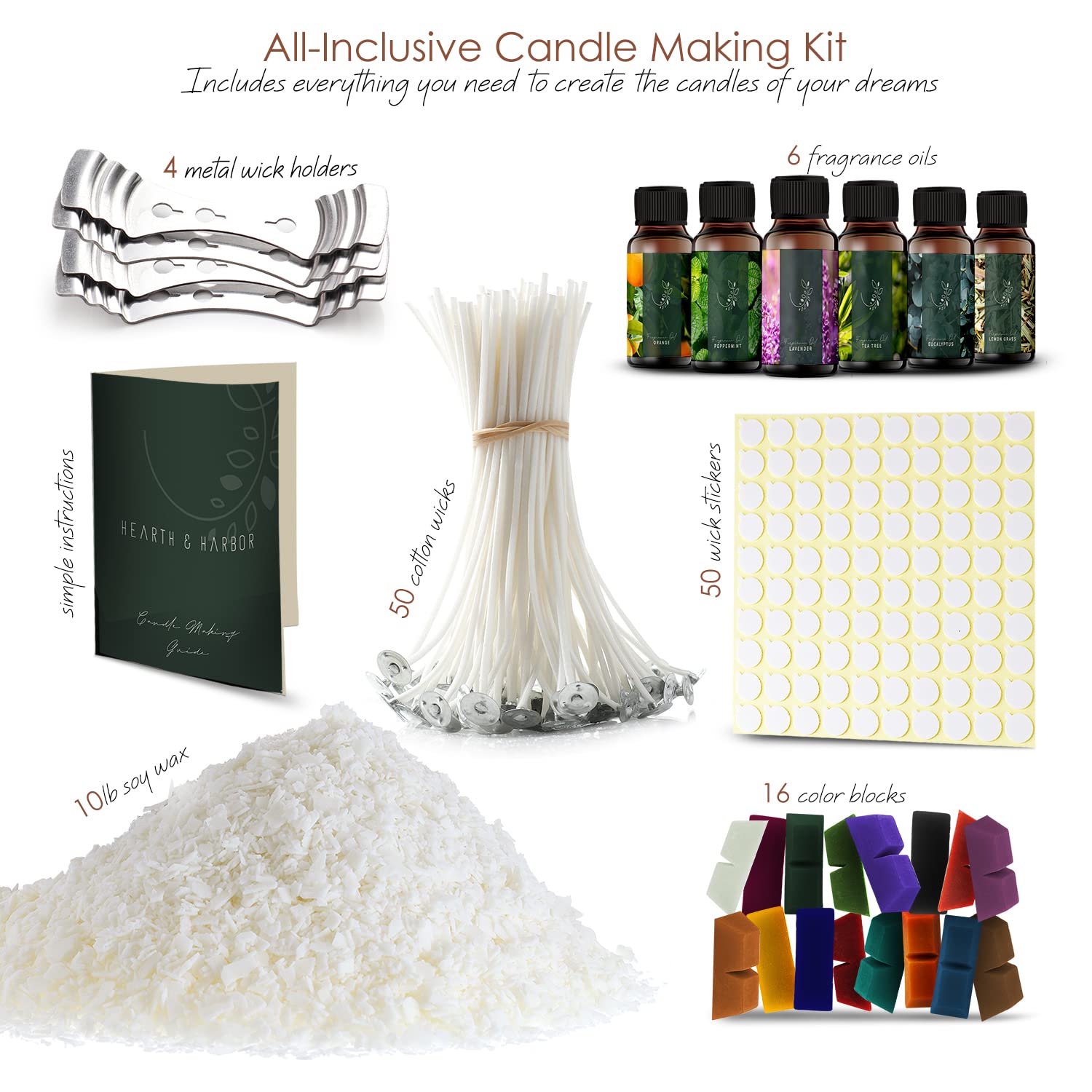 Premium Natural Soy Wax Flakes for Candle Making - 10 lb Bag with 50 Cotton Wicks, 50 Wick Stickers & 4 Centering Tools | DIY Home Candles, Gifts & Aromatherapy Supplies