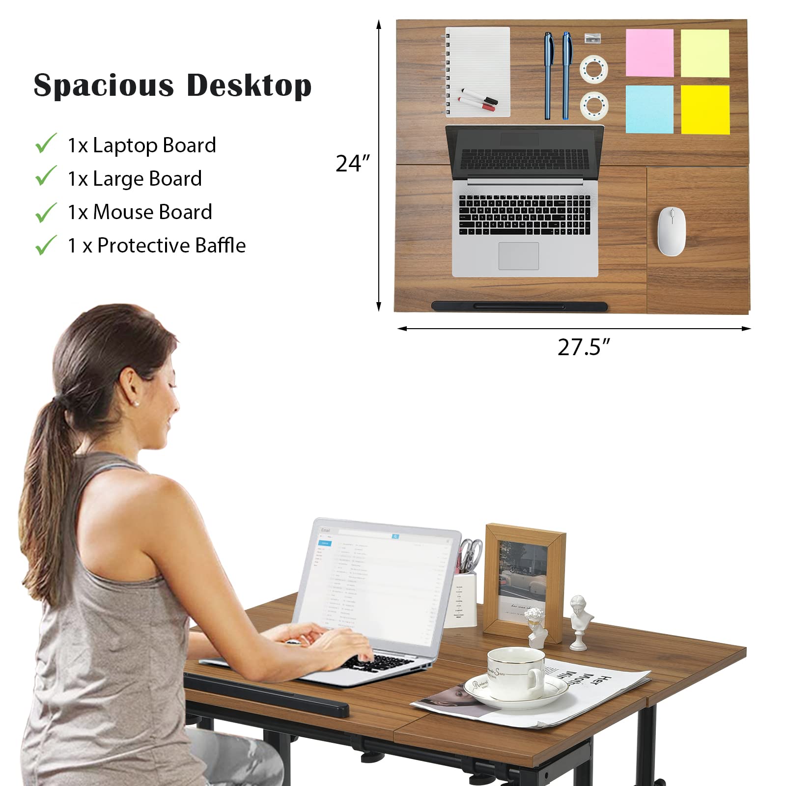 Tangkula Adjustable Height Mobile Standing Desk - Sit Stand Workstation with Tilting Tabletop & Wheels for Home Office, Rolling Laptop Cart (Walnut) | Perfect for Remote Work, Small Spaces & Ergonomic Workspaces