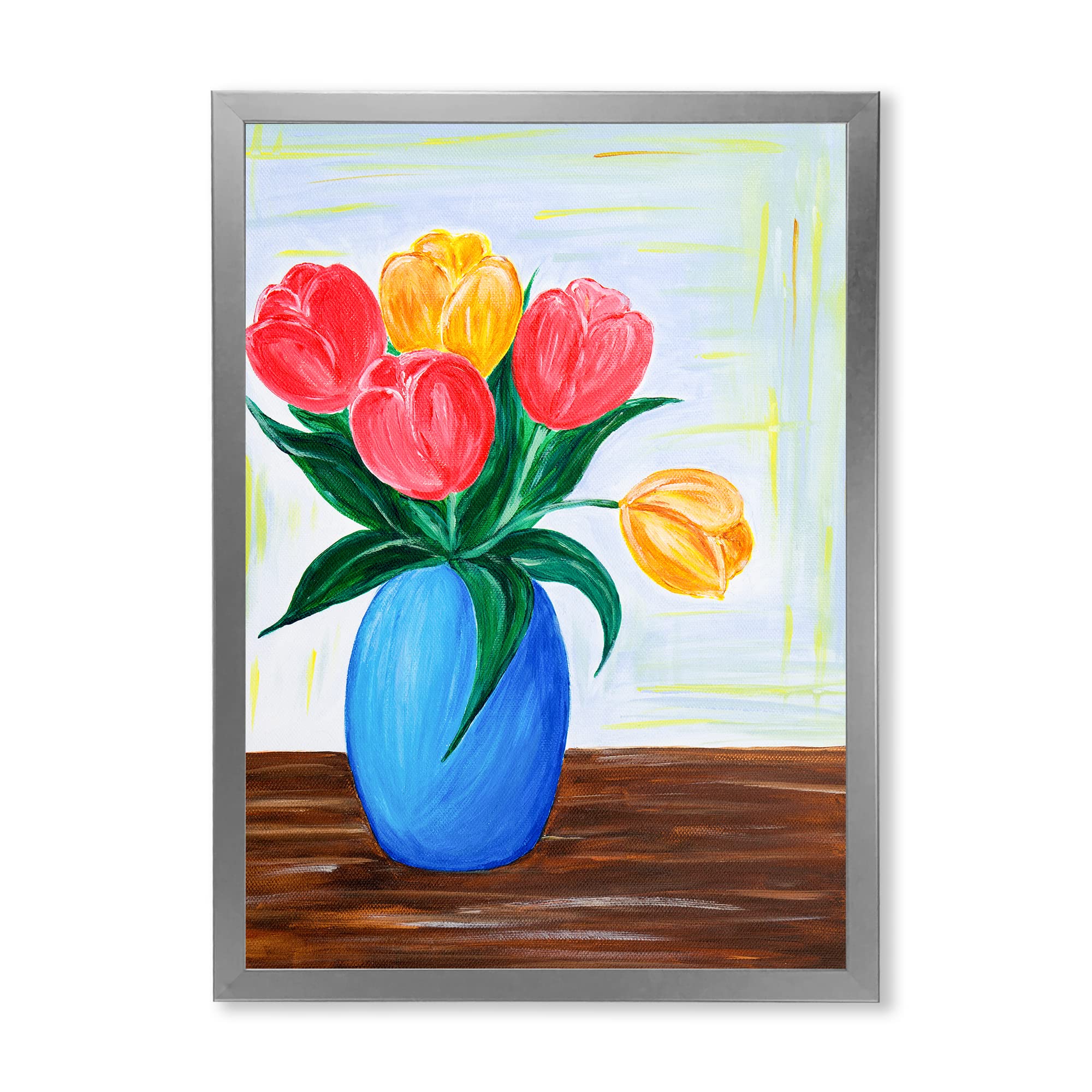DesignQ Bouquet of Red and Orange Tulips in Vase - Traditional Framed Wall Art Decor for Living Room, Bedroom & Office - Perfect Home Gift Idea