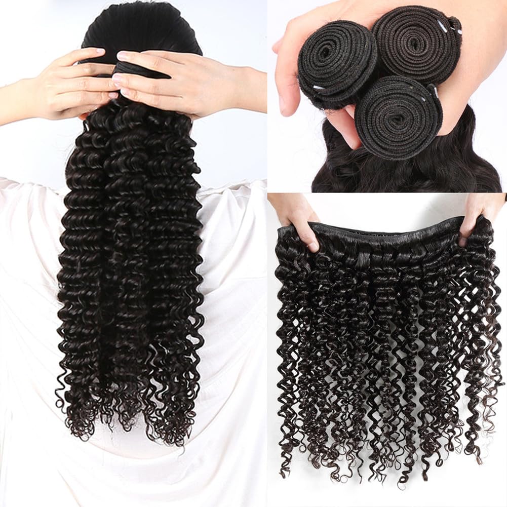 100% Brazilian Virgin Human Hair Bundles with Lace Closure - 3 Bundles Deep Curly/Deep Wave Weave (16 18 20+14 Inch, Free Part) - Natural Color for Black Women | Perfect for Protective Styles, Wig Making & Everyday Wear
