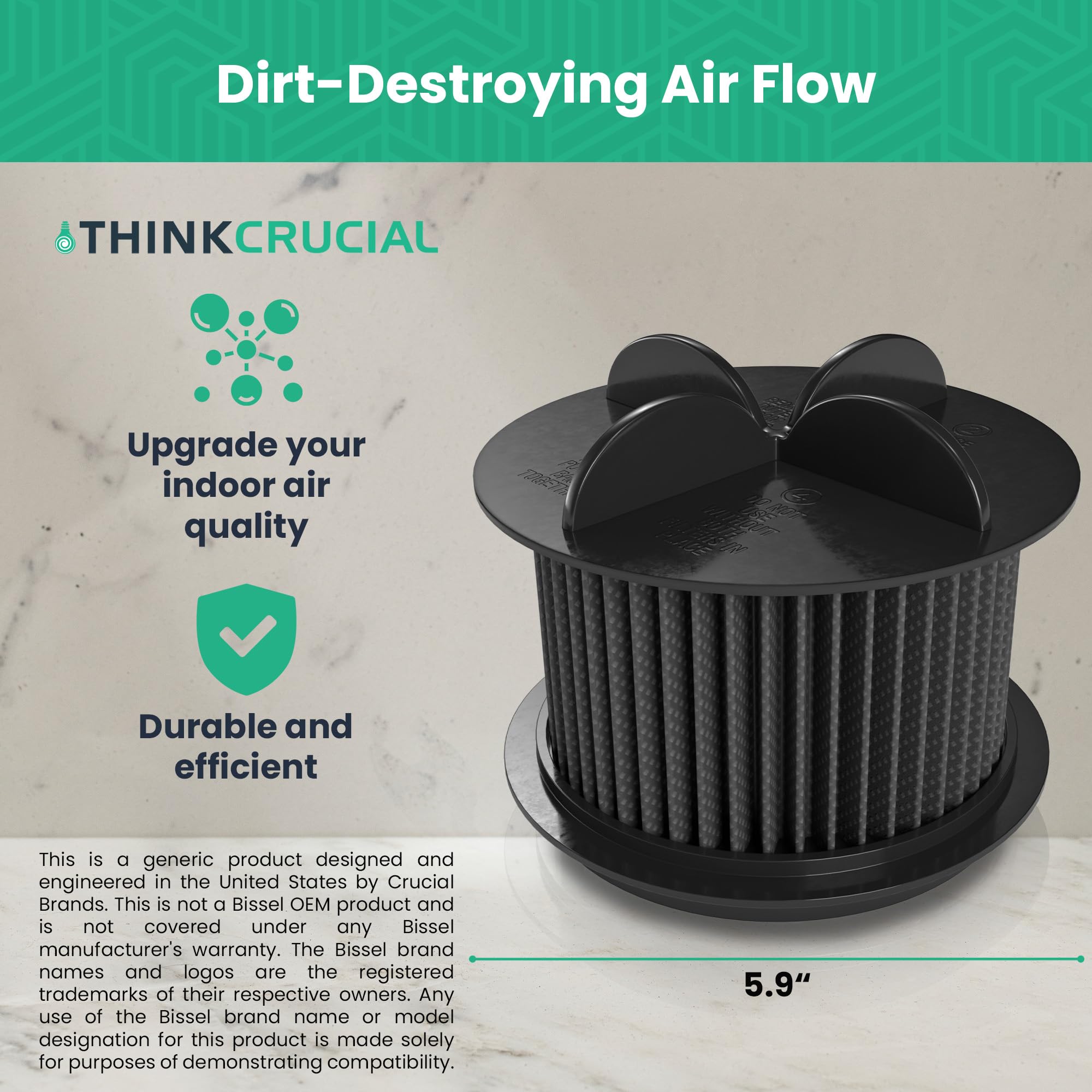 Think Crucial Round Washable Replacement Vacuum Filter - Compatible with Bissell Models 2031183, 2031085ES, 203108532065, 32064 & 32065 - Includes Vacuum Filter + Cleaning Kit - Perfect for Pet Hair, Allergies & Deep Cleaning Carpets