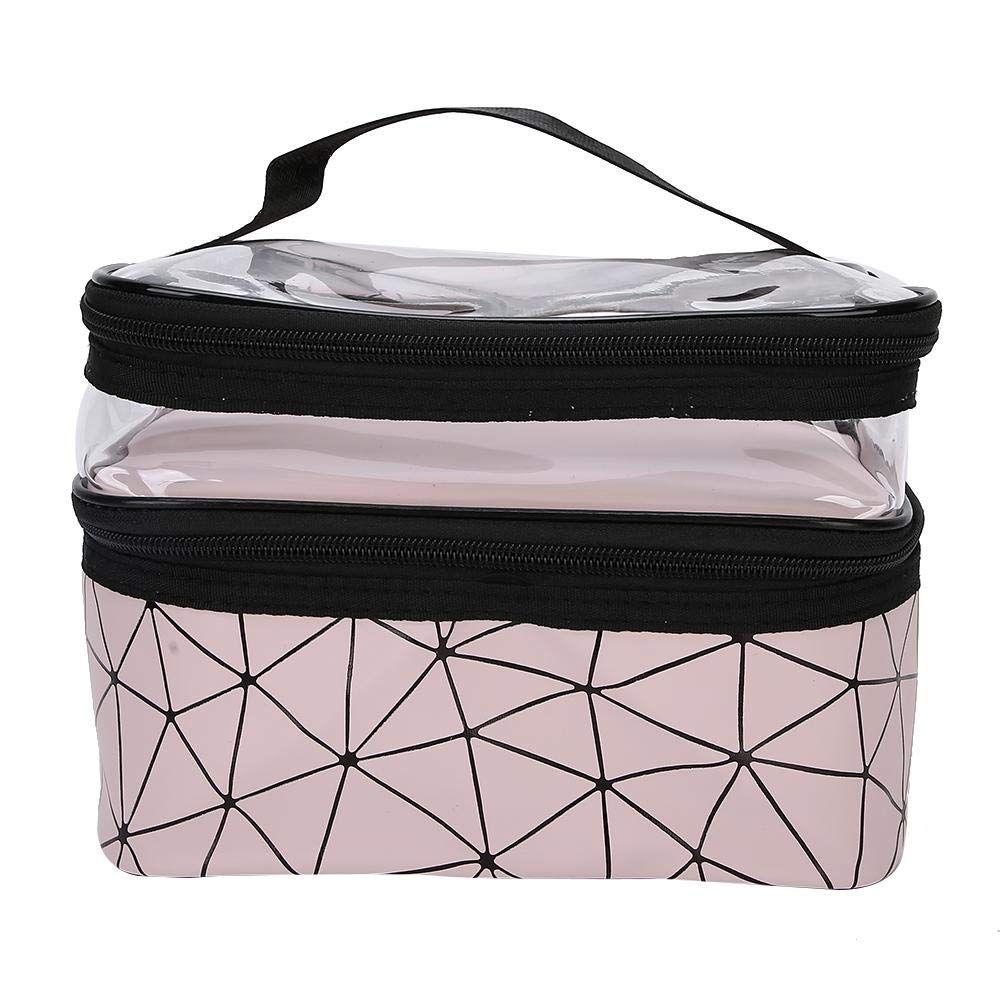 Portable Double Layer Makeup Bag - Waterproof Cosmetic Organizer for Travel & Daily Use | Pink Toiletry Storage Case for Makeup Brushes, Skincare & Essentials
