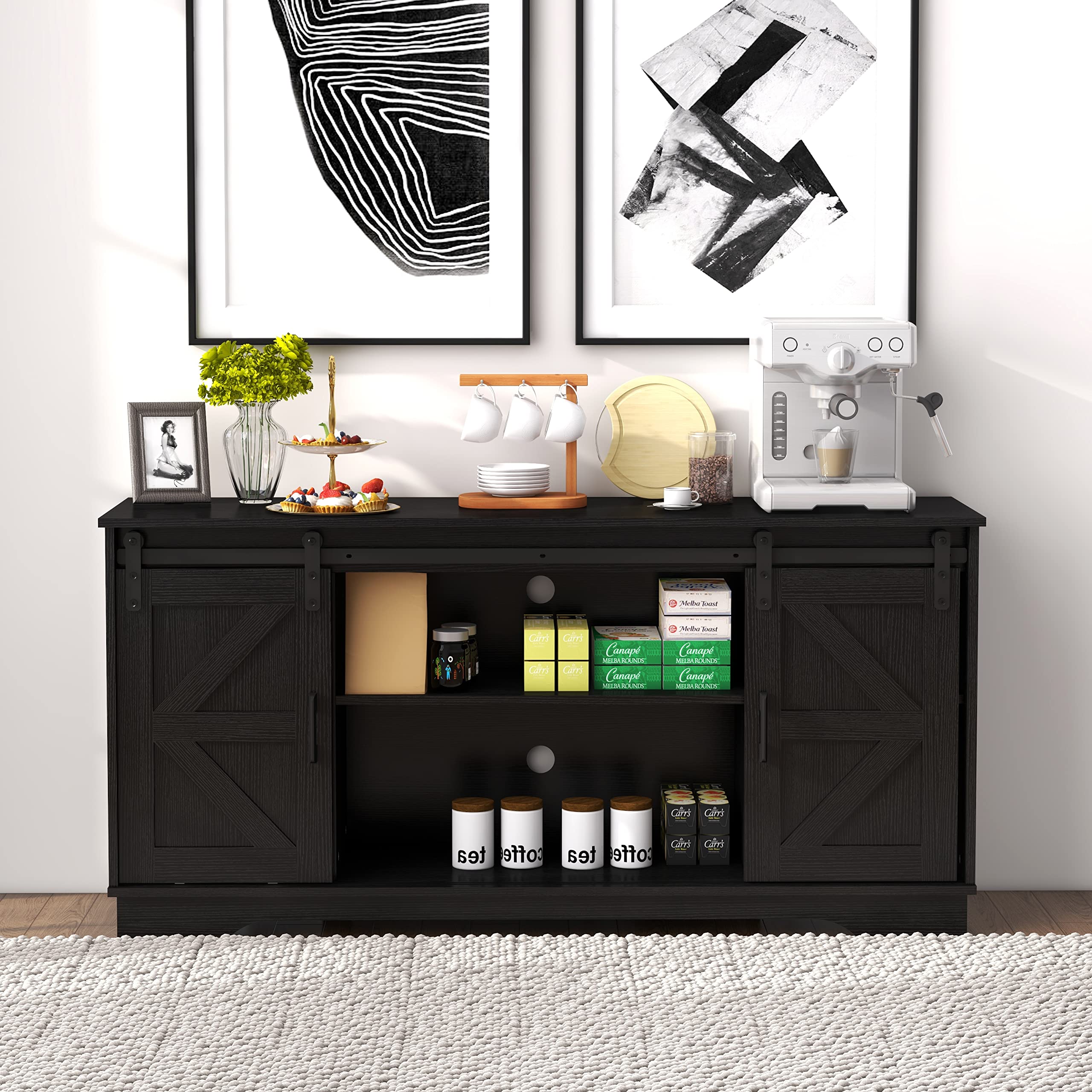 Panana Bar Cabinet with Barn 2 Sliding Doors - Farmhouse Style Buffet Storage Cabinet & TV Stand in Black - Perfect for Living Room, Dining Room, or Home Bar Setup