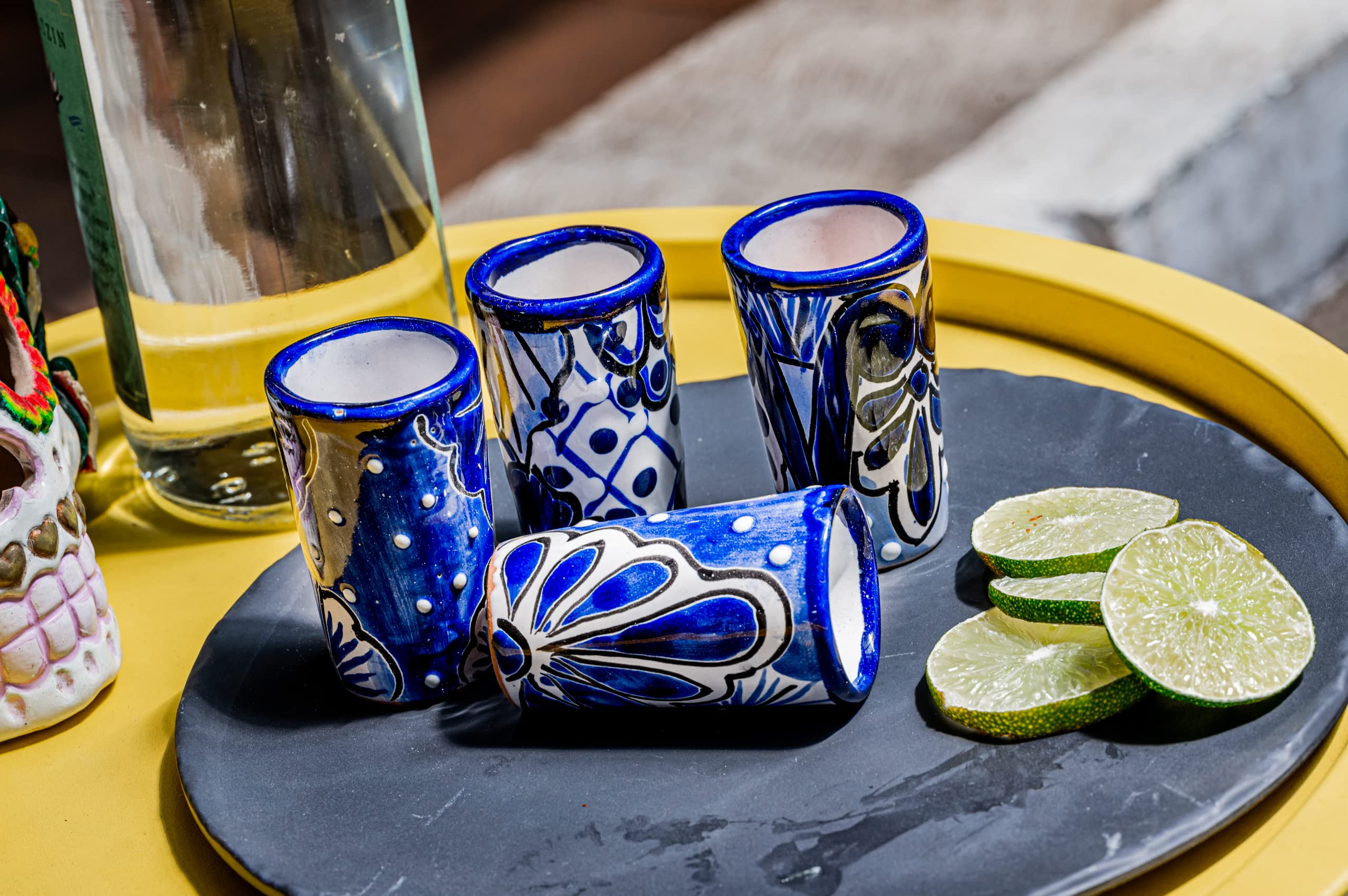 Authentic Mexican Talavera Shot Glasses Set of 4 - Hand-Painted 2oz Tequila Glasses (Blue) - Perfect for Margaritas, Parties & Mexican-Themed Decor