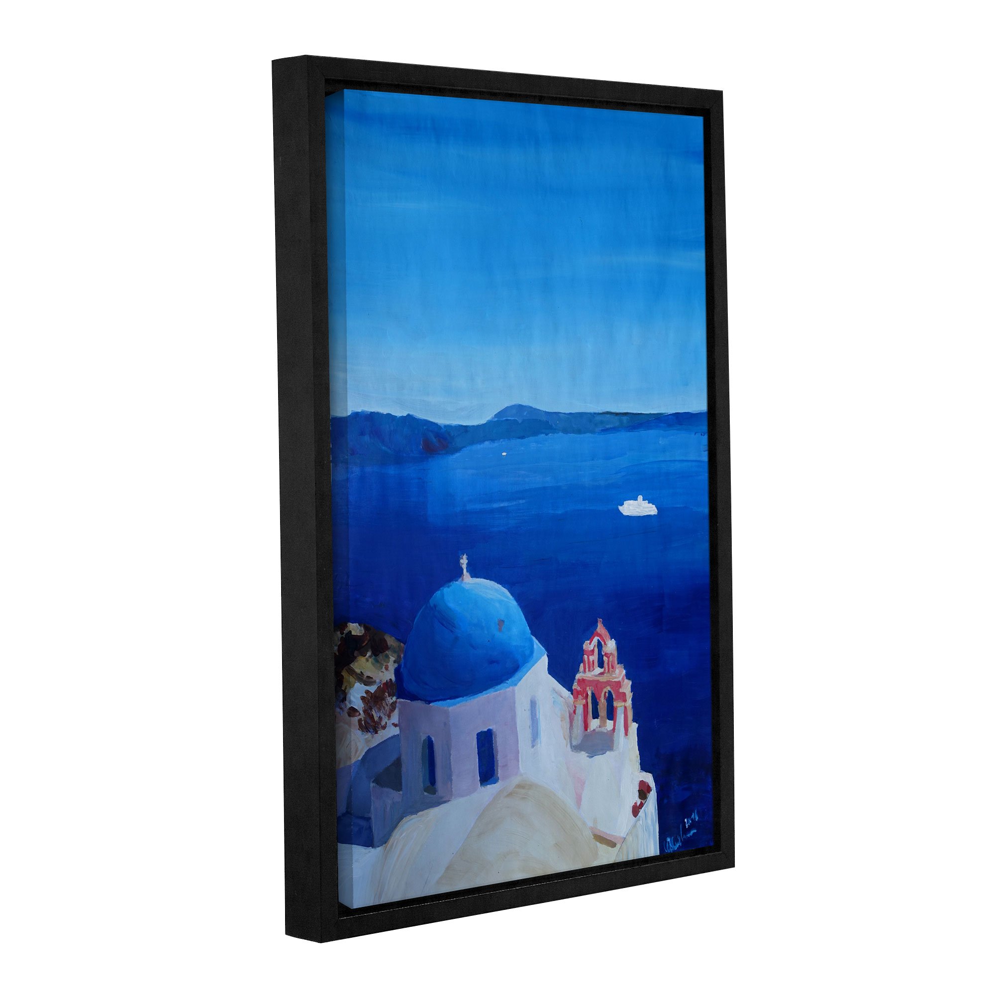 Marcus/Martina Bleichner 'All Blue Santorini Oia Greece With Cruise Ship' Gallery Wrapped Floater-Framed Canvas Wall Art, 24x36 Inches - Perfect for Living Room, Bedroom & Office Decor