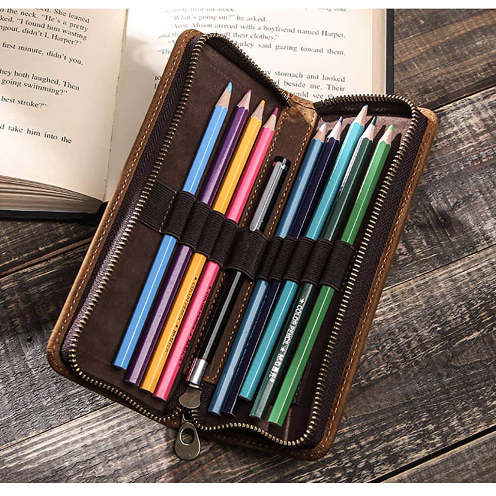 Premium Hiram Leather Pencil Case - Genuine Crazy Horse Cowhide Pouch for School, Office & Travel | Durable Coffee-Colored Leather Cosmetic & Stationery Organizer | Perfect for Students, Artists & Professionals