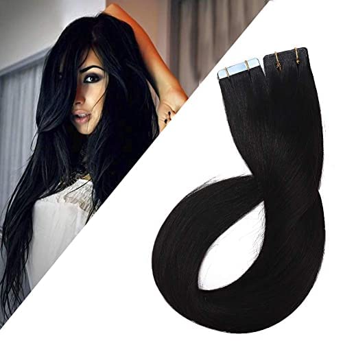 Benehair Remy Tape in Hair Extensions 16 Inch 150g - 60pcs Jet Black Human Hair Weft, Seamless Skin Weft for Natural Look - Perfect for Daily Wear, Parties & Special Occasions