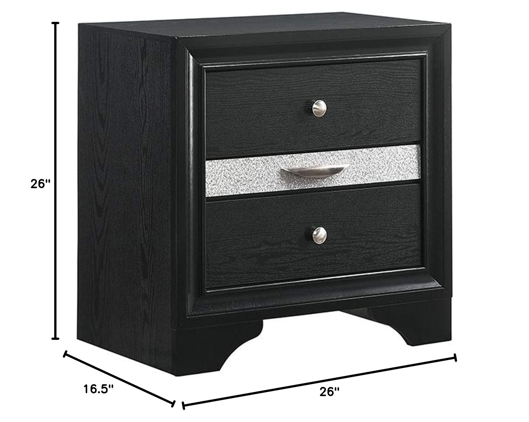 Benjara 2 Drawer Nightstand with Faux Diamond Front Pull Out Tray, Black - Modern Bedside Table for Bedroom, Living Room, or Office Storage