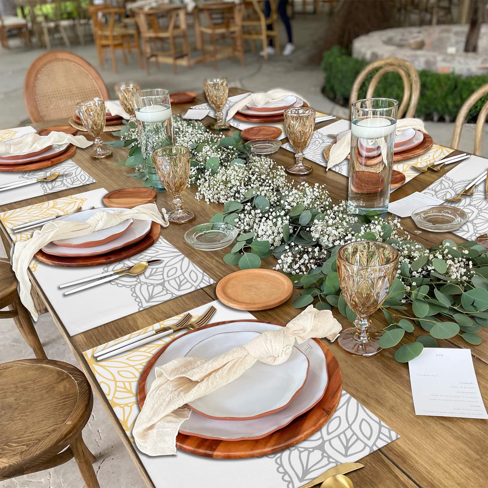 Elegant Yellow & Grey Dahlia Flower Placemats Set of 4 - Cotton Linen Heat-Resistant Non-Slip Washable Table Mats for Dining, Kitchen, Holiday Banquet Decor | Perfect for Thanksgiving, Christmas Dinner & Everyday Use