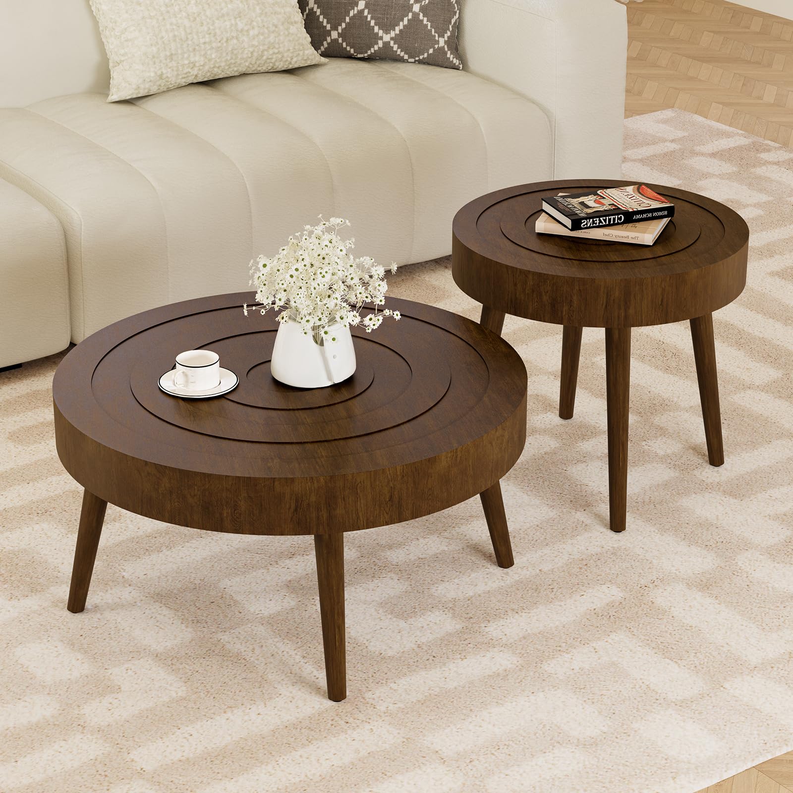 HOMPUS 2-Piece Round Nesting Coffee Table Set with Wood Grain Finish & Handcrafted Ring Pattern - Modern Accent Tables for Living Room, Perfect for Small Spaces & Coffee Lovers