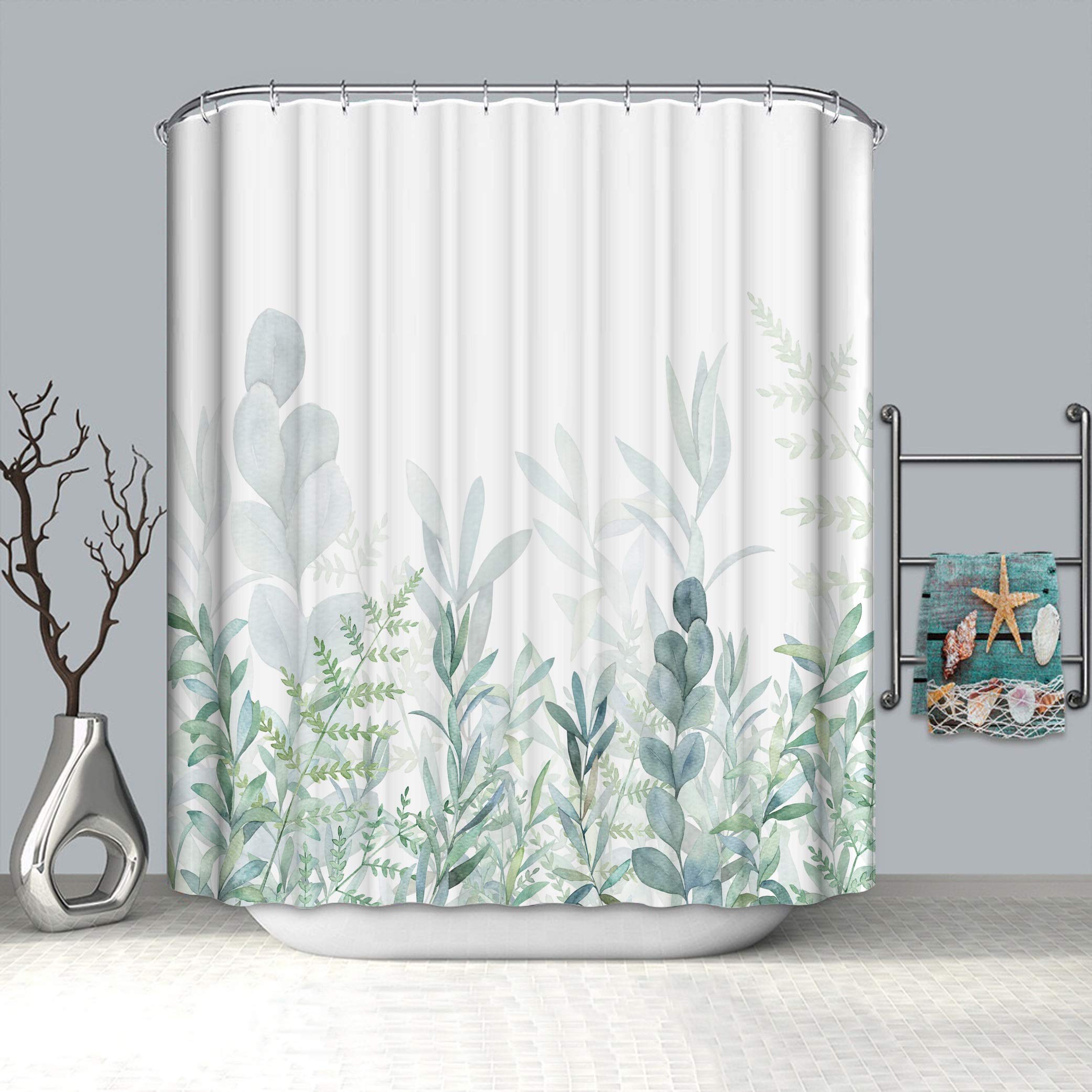 Watercolor Floral Green Eucalyptus Shower Curtain - 72x72 Inch Botanical Bathroom Decor with Waterproof Fabric for Home & Spa Relaxation