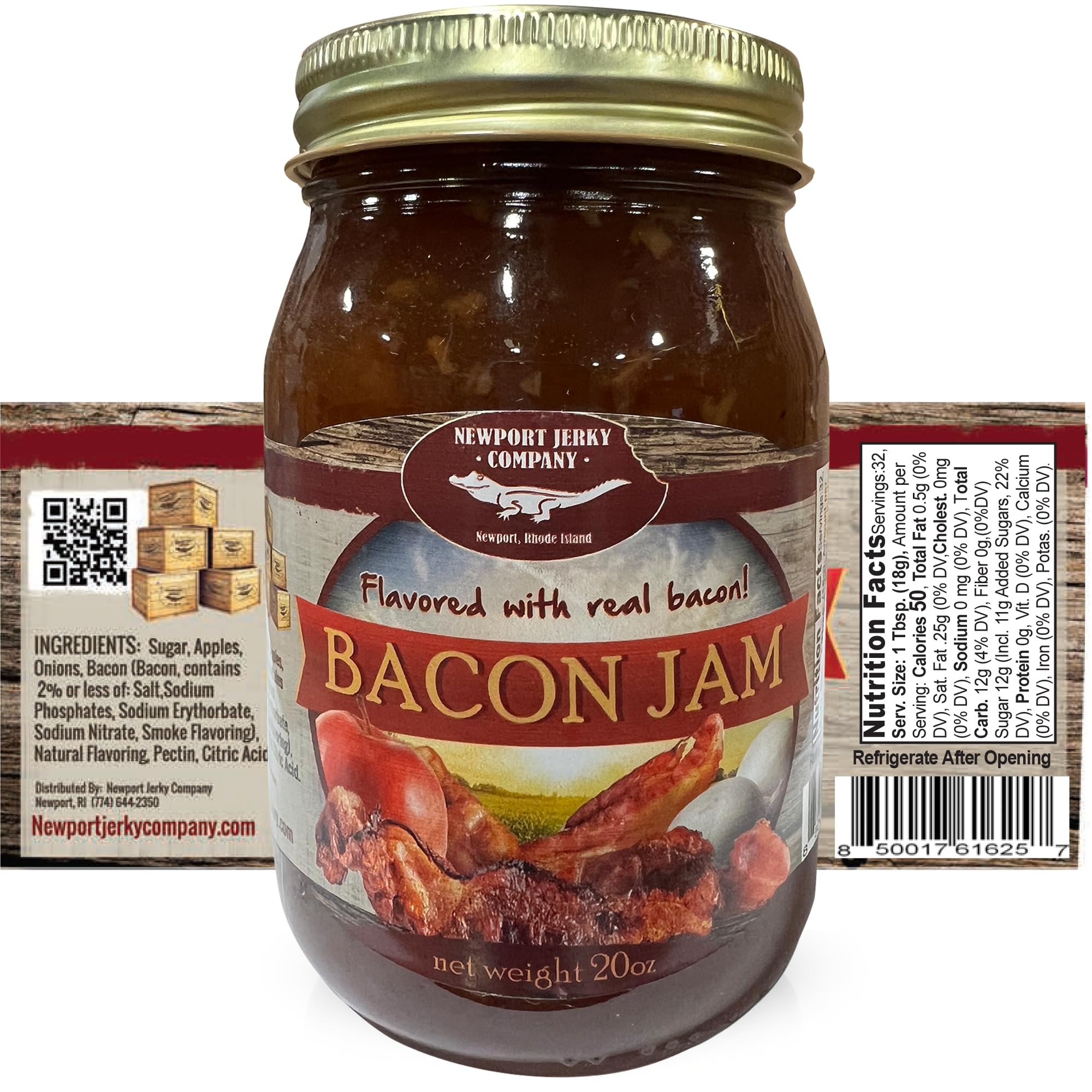 Newport Jerky Company Bacon Jam - Real Bacon Flavor | Gourmet Small Batch Spread for Burgers, Sandwiches & Toast | USA-Made 20oz Reusable Glass Jar | Perfect for BBQs, Charcuterie Boards & Breakfast
