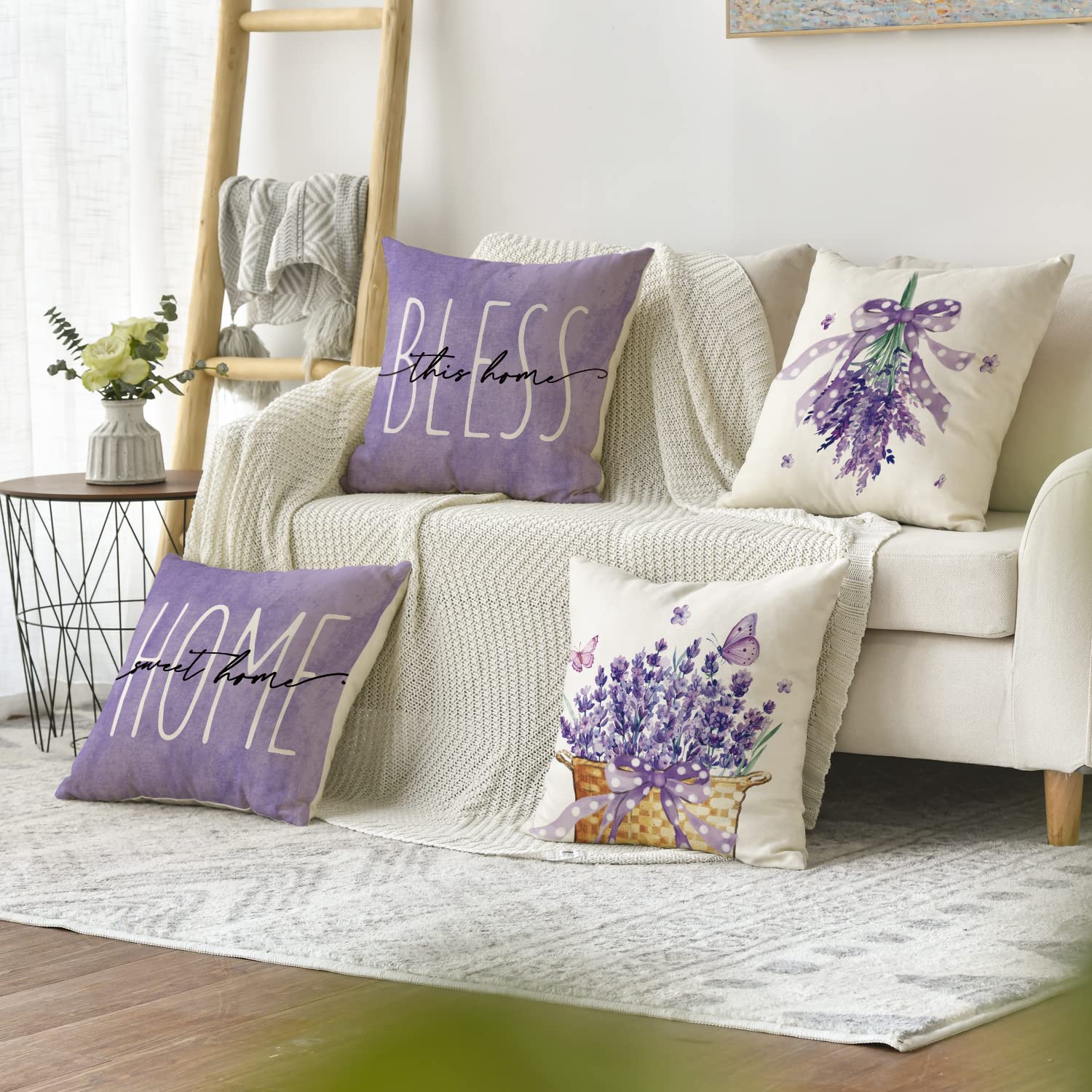Lavender Home Sweet Home Throw Pillow Covers 18x18 Inch - Set of 4 Purple Spring Summer Cushion Cases for Sofa & Couch Decor - Perfect for Living Room, Bedroom & Home Blessing Gifts
