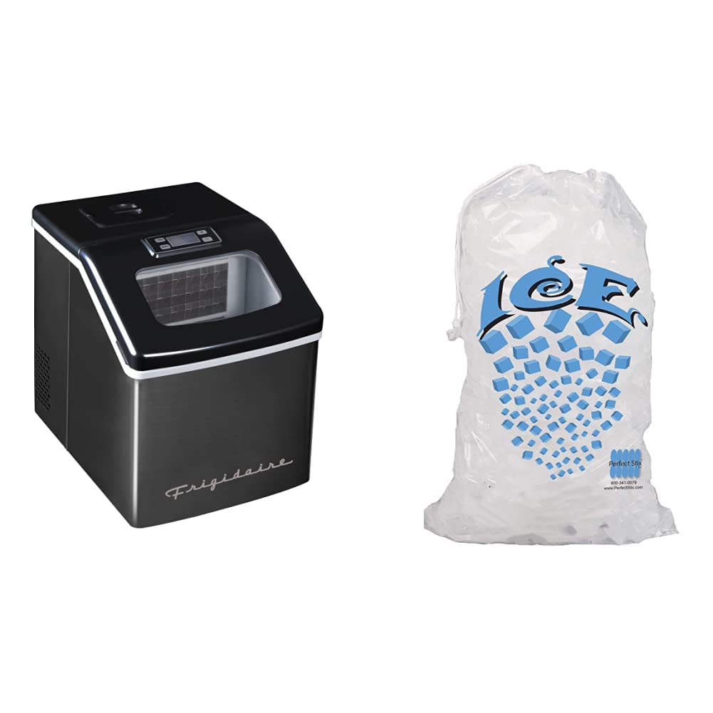 Frigidaire EFIC452-SSBLACK XL Ice Maker - 40 Lbs Capacity with Perfect Stix Ice Bags (25 Count) - 10 Lbs Drawstring Ice Bags for Parties, Camping & Outdoor Events - Commercial & Home Use