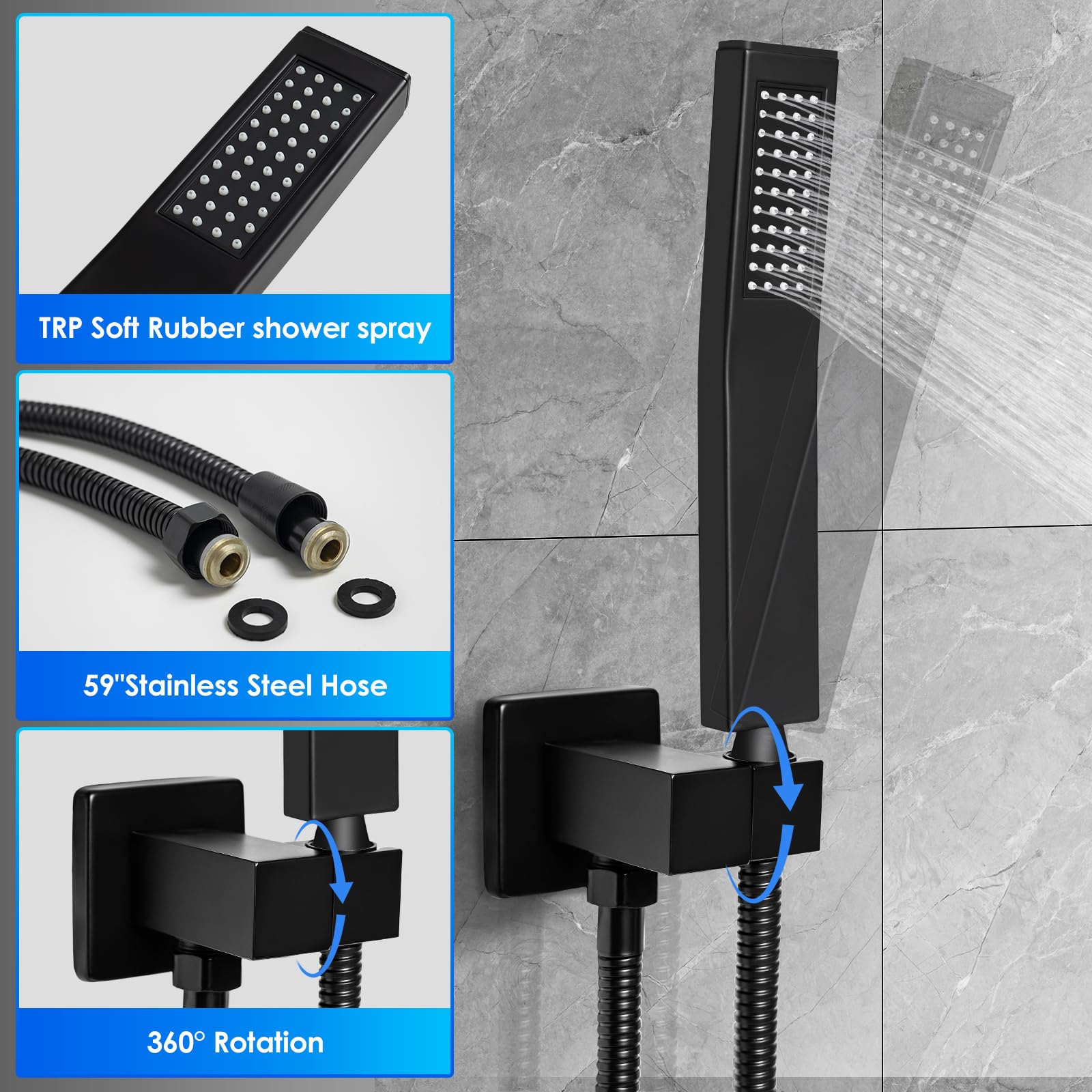 Premium Matte Black Shower Faucet Set - 12 Inch Rainfall Shower System with Square Shower Head, High Pressure Handheld Spray & Wall Mounted Valve Trim Kit for Luxury Bathroom Upgrade (Ideal for Master Bath, Spa-Like Experience)