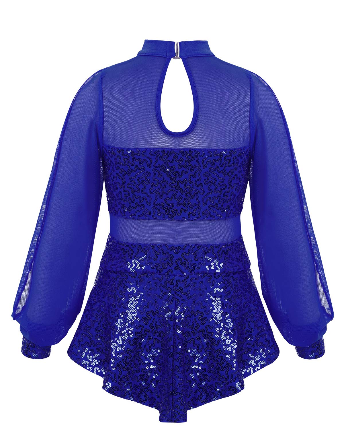 Kids Girls Mock Neck Sequins Keyhole Tulle Split Long Sleeves Ballet Leotard Dance Jumpsuit - Gymnastics Performance, Recital Costume, Stage Show Outfit