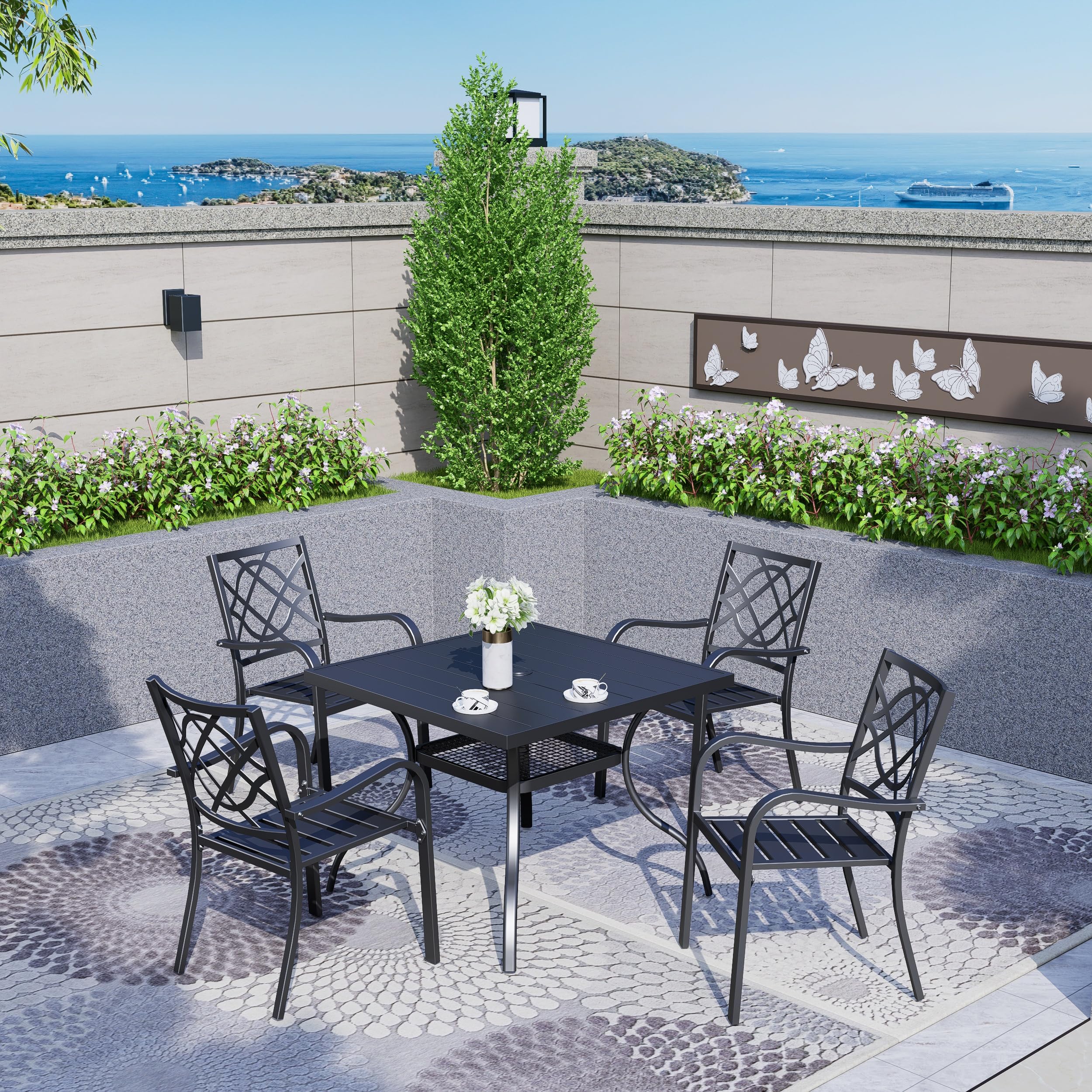 Wrought Iron Patio Outdoor Dining Chairs Set of 2 - Portable Black Stackable Metal Bistro Chairs for Garden, Backyard, Lawn - Indoor & Outdoor Use - Supports 300 lbs - Perfect for Dining, Lounging, and Entertaining