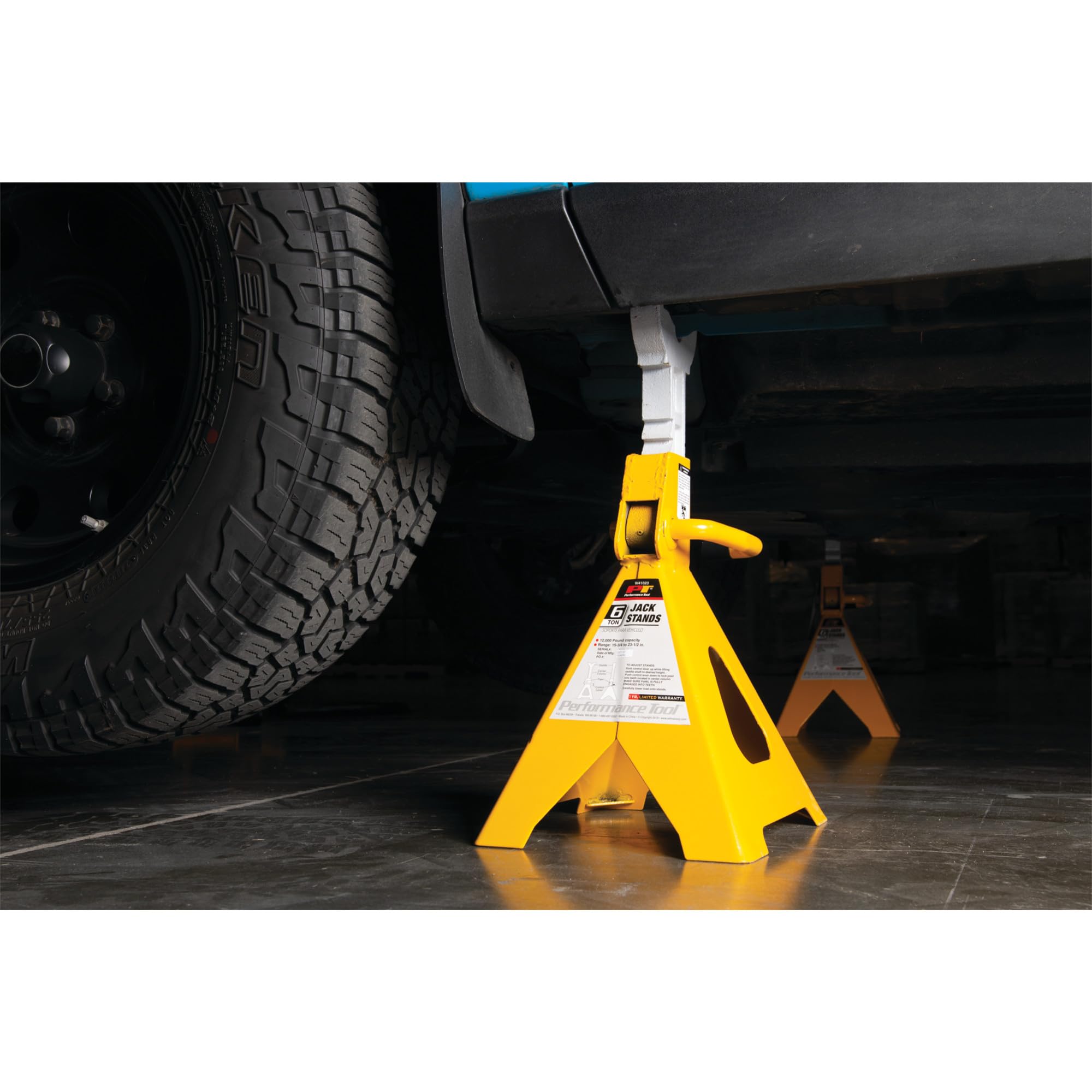 6-Ton Yellow Ratchet Jack Stand Set - Heavy Duty Vehicle Lift Support for Car Maintenance, Repair & Tire Changes - Performance Tool W41023