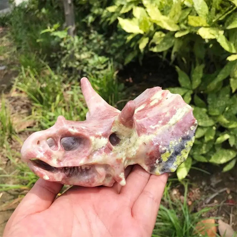13CM Natural Peach Blossom Tourmaline Dinosaur Skull Crystal Carving - Healing Stone, Fashion Jewelry & Home Decor - Unique Birthday Gift for Crystal Lovers (1pc) - Perfect for Meditation Spaces, Office Desks & Gift Giving