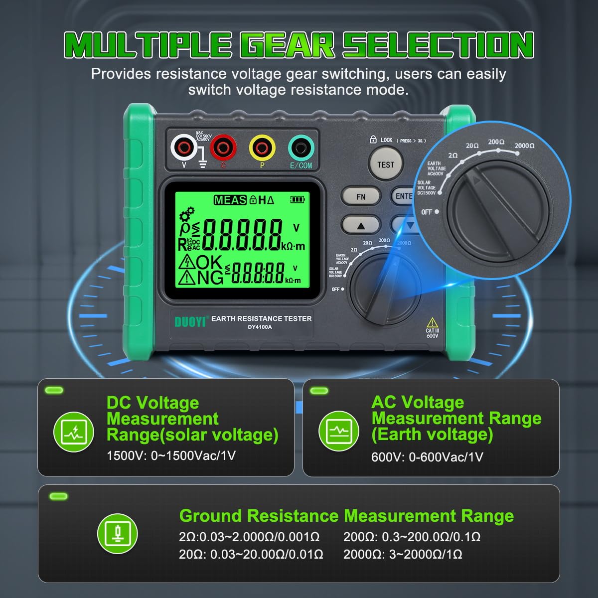 Upgraded Digital Earth Ground Resistance Tester 0.03-2000Ω with LCD Display | 600V AC Voltage & Auto Measurement | Includes Tool Bag & Batteries | Perfect for Electricians, Engineers & DIY Home Electrical Projects