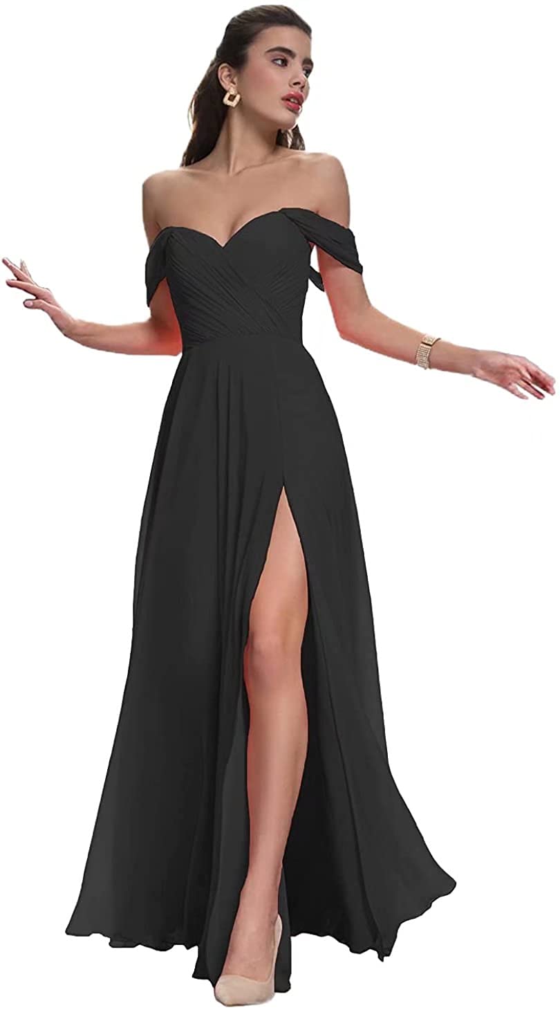 Elegant Off Shoulder Bridesmaid Dress for Women - Long Ruched Formal Gown with High Slit for Wedding Guest & Special Occasions | Perfect for Evening Parties, Prom, Cocktail Events & Black Tie Gatherings