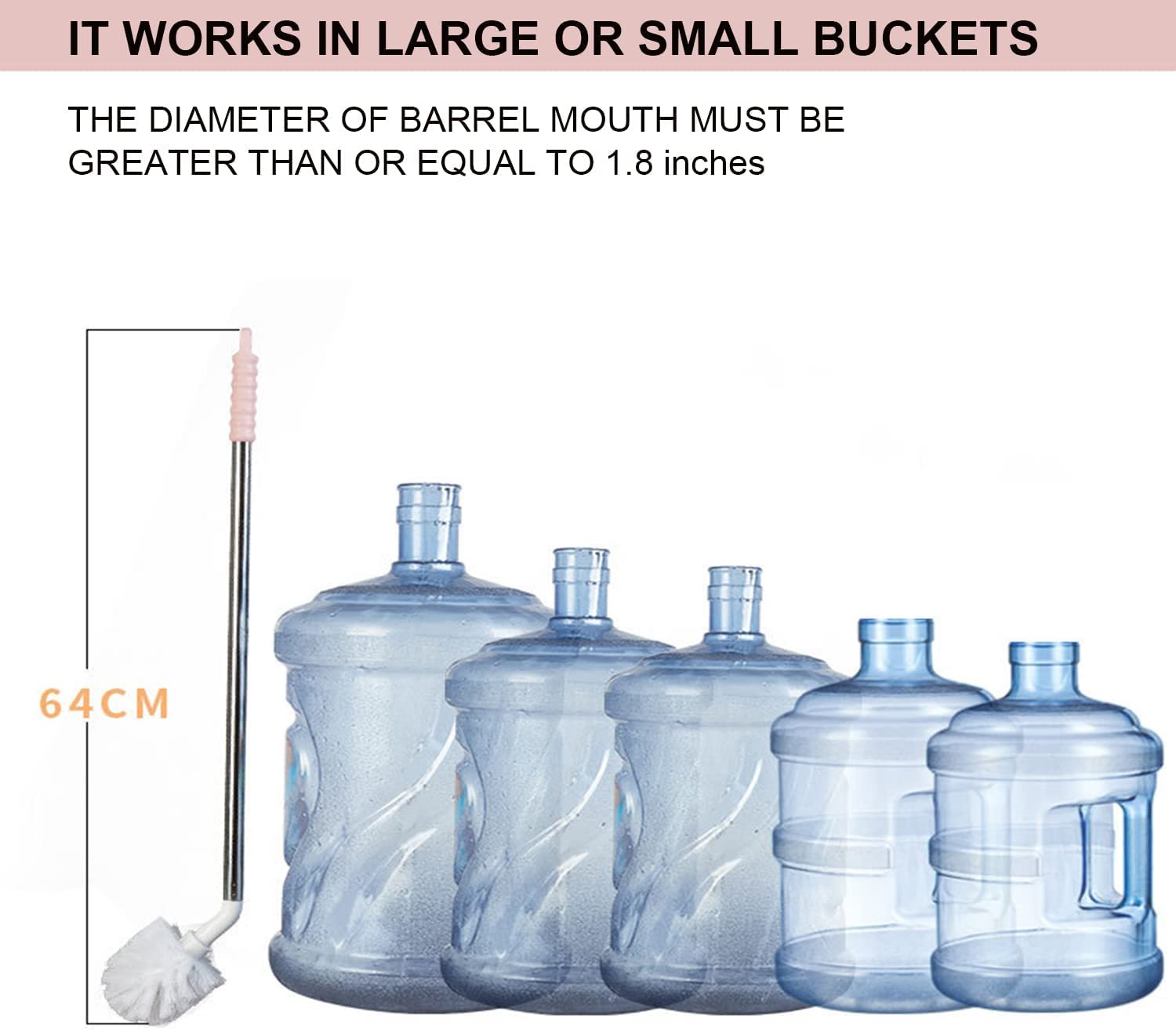 SPAREQUE Stainless Steel Water Bucket & Bottle Brush with Long Handle - Heavy Duty Scrubber for 1 to 5 Gallon Jugs, Pails & Containers - Durable Nylon Bristles & Rust-Proof Steel Handle - Perfect for Home Brewing, RV Water Tanks & Farm Animal Watering Systems