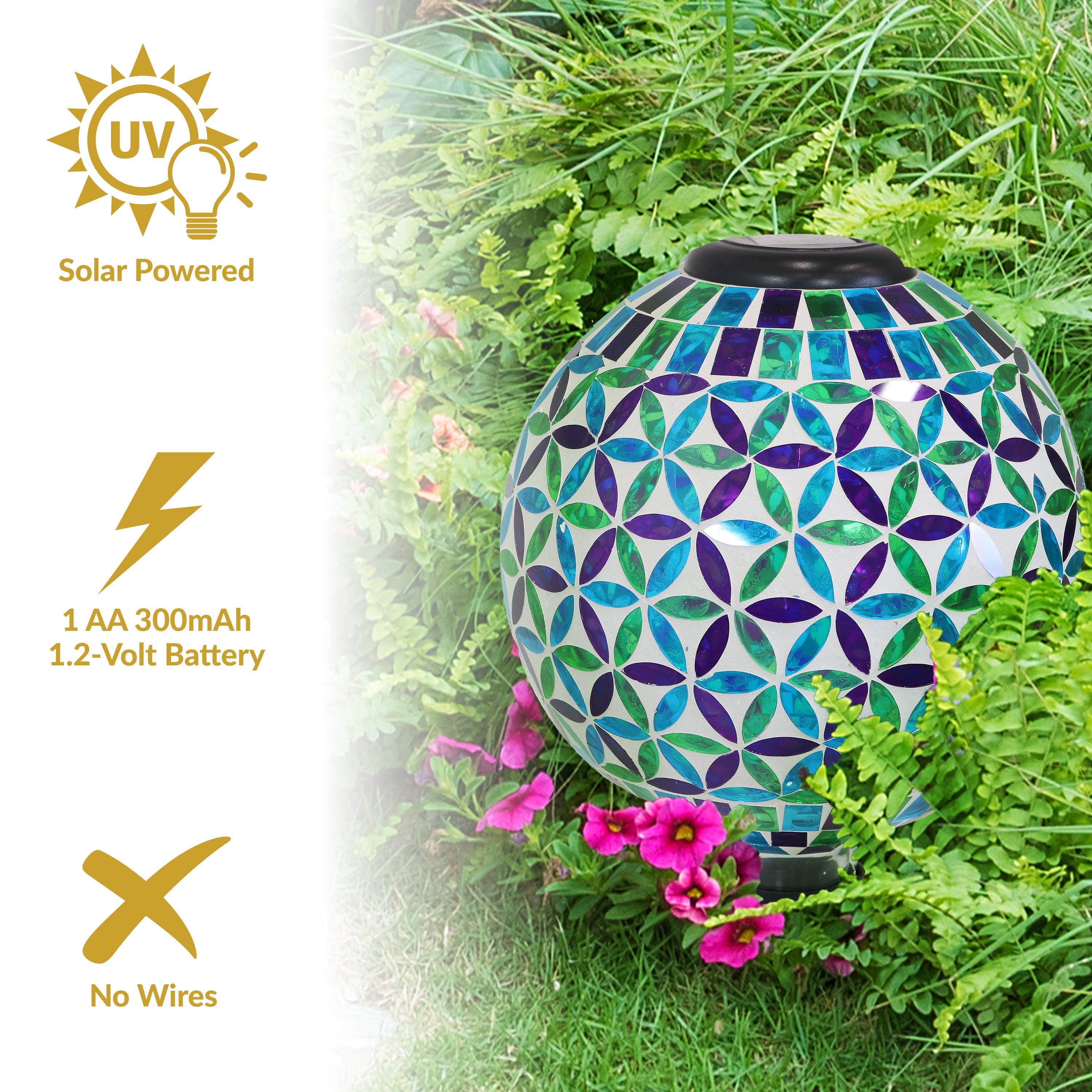 Sunnydaze 10-Inch Glass Mosaic Solar Garden Gazing Globe - Decorative Outdoor Sphere for Garden, Patio, Yard & Landscape Decor | Solar-Powered Light for Nighttime Ambiance