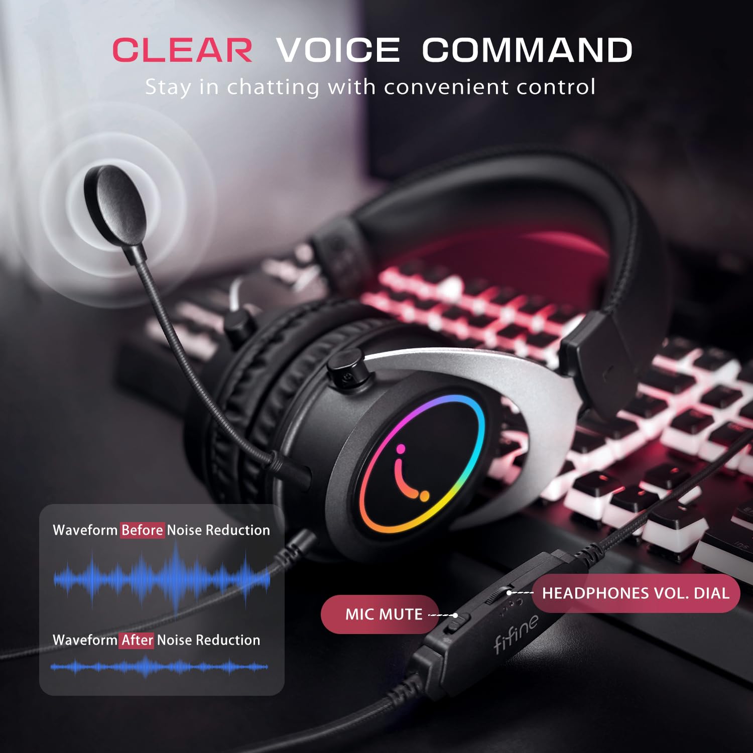 FIFINE H3 Gaming Headset with Detachable Mic - 3.5mm Wired Over-Ear Headphones for PS5, Xbox, PC, Nintendo Switch | RGB Lighting & Noise Cancelling | Perfect for Gaming, Streaming & Online Meetings