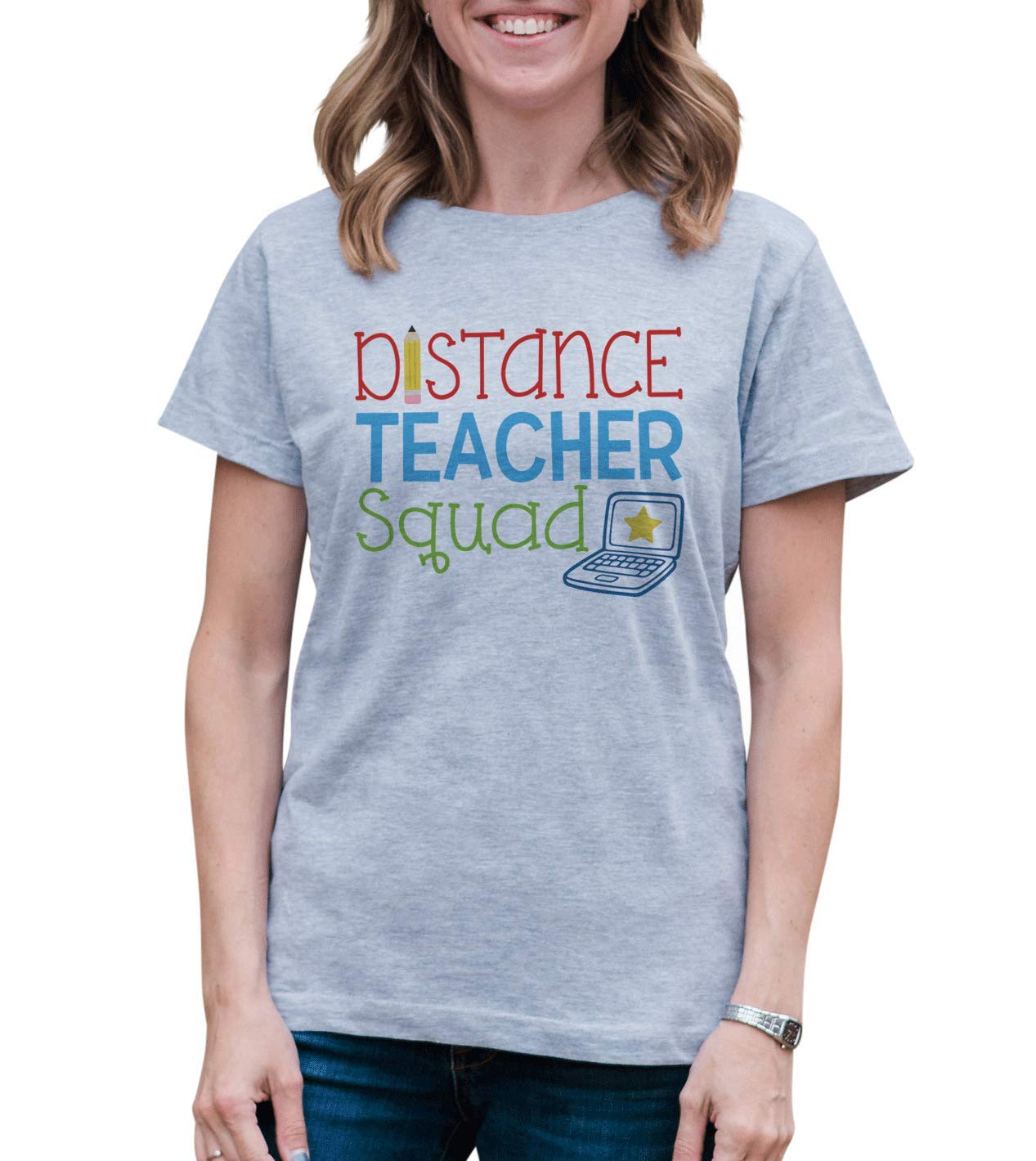 7 ate 9 Apparel Women's Distance Teacher Squad Grey T-Shirt - Soft Cotton Crewneck Tee for Teachers, Educators & School Staff - Perfect for Classroom, Staff Meetings & Casual Wear