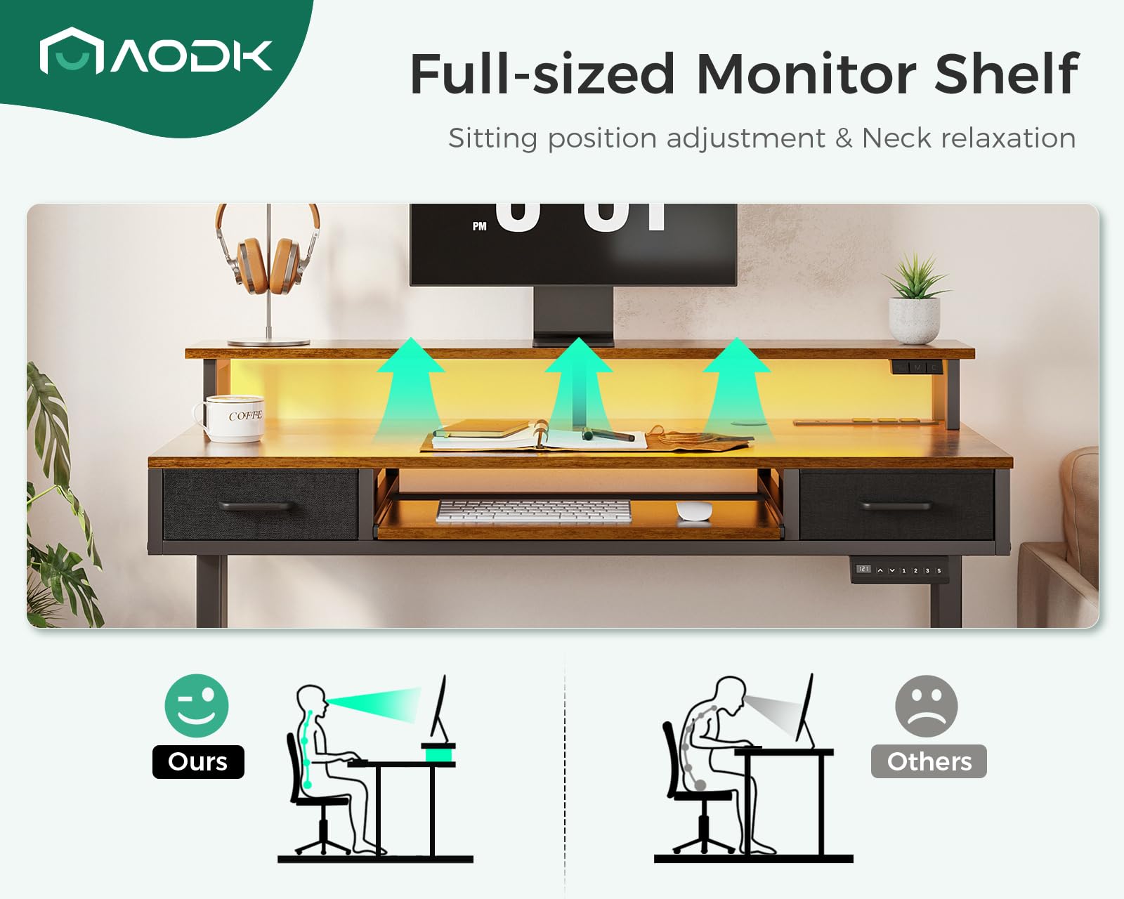 AODK 55 Inch Electric Height Adjustable Standing Desk with Drawers, Keyboard Tray & Power Outlets - Ergonomic Gaming Desk with LED Lights & Monitor Stand for Home Office - Rustic Brown Workspace Solution for Remote Work, Streaming & PC Gaming