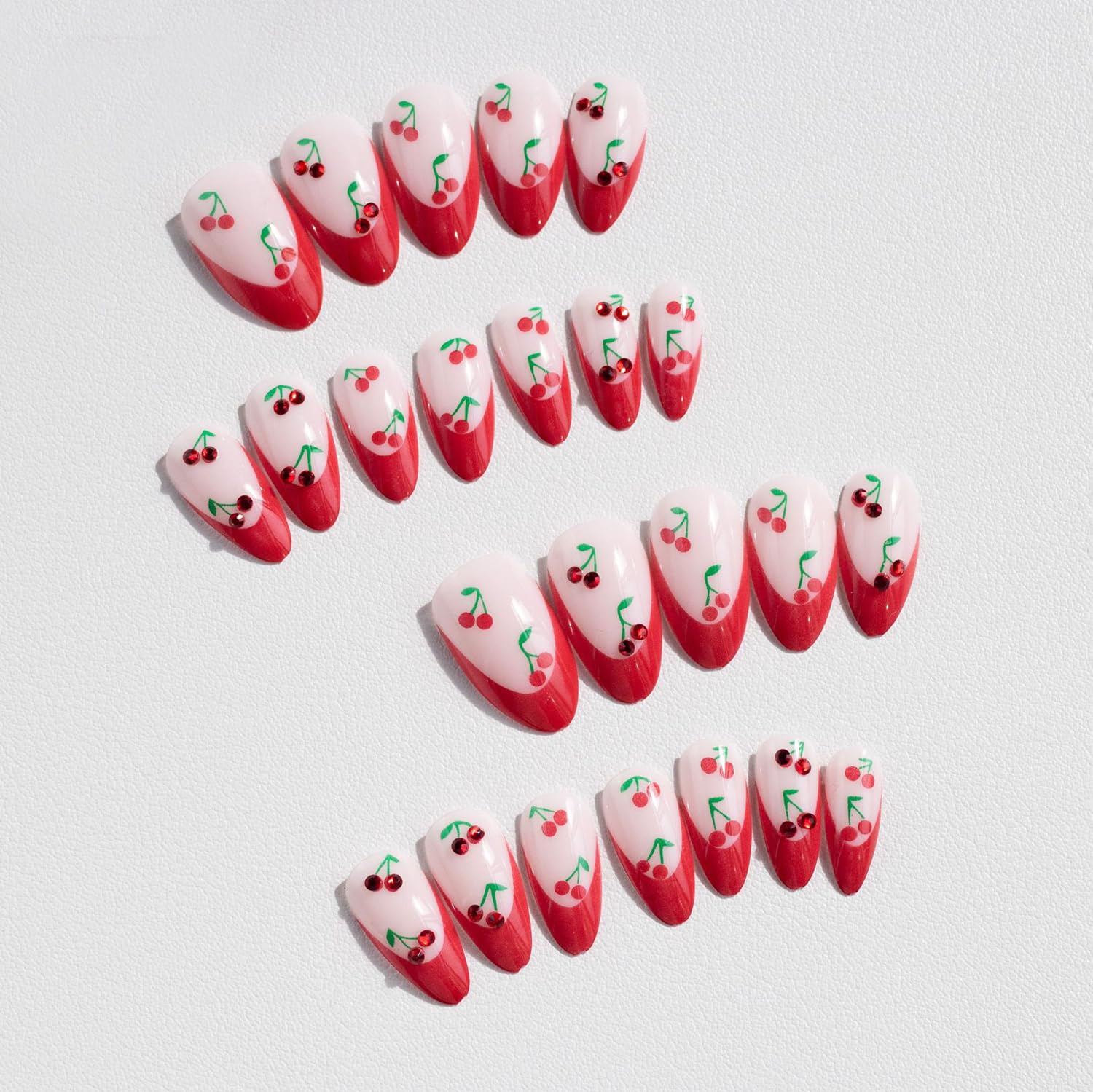 24Pcs Medium Almond French Tip Press on Nails with Rhinestones - Red Cherry Glossy Fake Nails for Women & Girls - Full Cover Acrylic Artificial Nails with Designs - Perfect for Parties, Weddings & Special Occasions