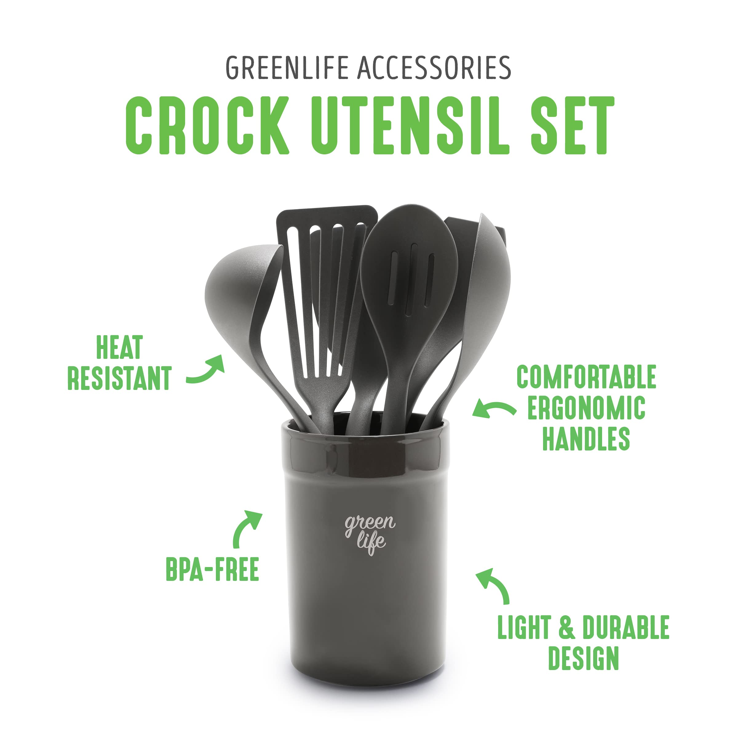 GreenLife 7-Piece Non-Toxic Kitchen Utensil Set - BPA-Free Nylon & Wooden Cooking Tools with Heat-Resistant Spatula, Spoons & Ceramic Crock Holder - Perfect for Baking, Cooking & Serving - Eco-Friendly Black Kitchen Essentials
