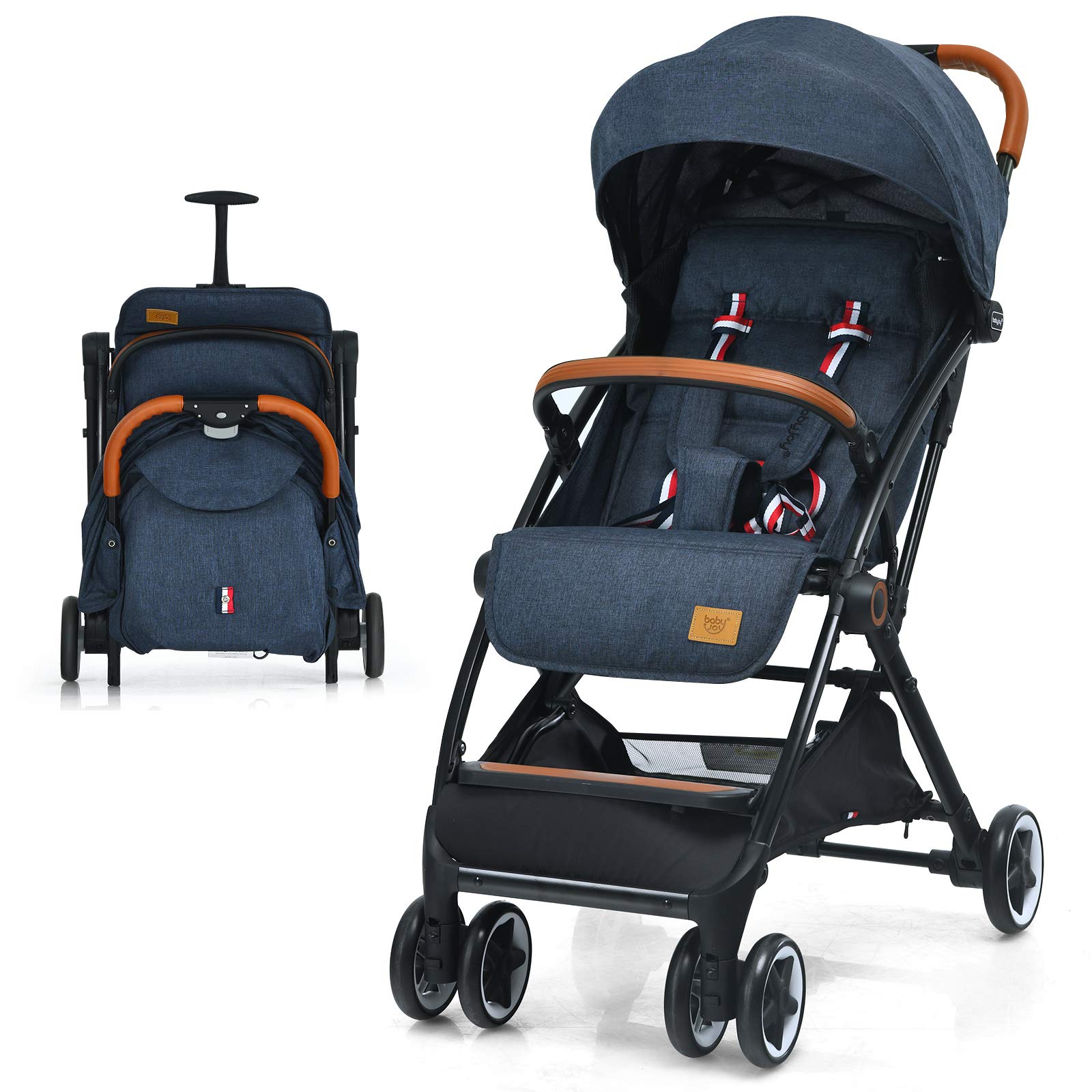 BABY JOY Lightweight Compact Baby Stroller for Travel - Airplane Approved Infant Stroller with 5-Point Safety Harness, Adjustable Backrest & Canopy, Storage Basket | Easy One-Hand Fold Blue Stroller | Perfect for Air Travel, Shopping, and Daily Walks