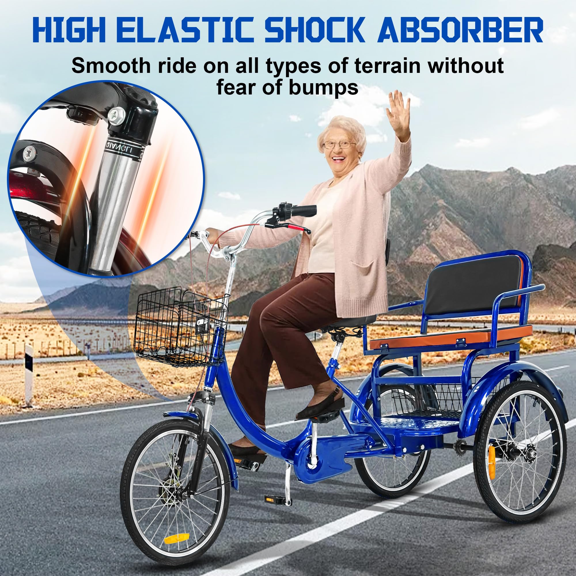 **Adult Tricycle 20 Inch 3-Wheel Bike - Low Step-Through Cruiser Trike for Women, Men & Seniors - Front & Rear Baskets - Perfect for Shopping, Commuting & Leisure Cycling (Blue)**
