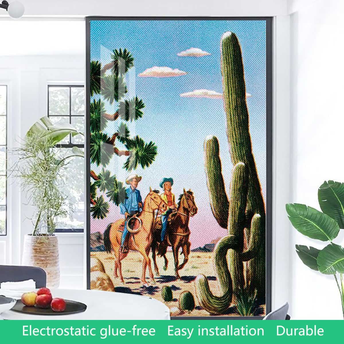 Frosted Glass Window Privacy Film - Static Cling Non-Adhesive Window Covering for Home & Office - UV Protection & Heat Control - Cowboys in The Desert Blue Green Design (17.7