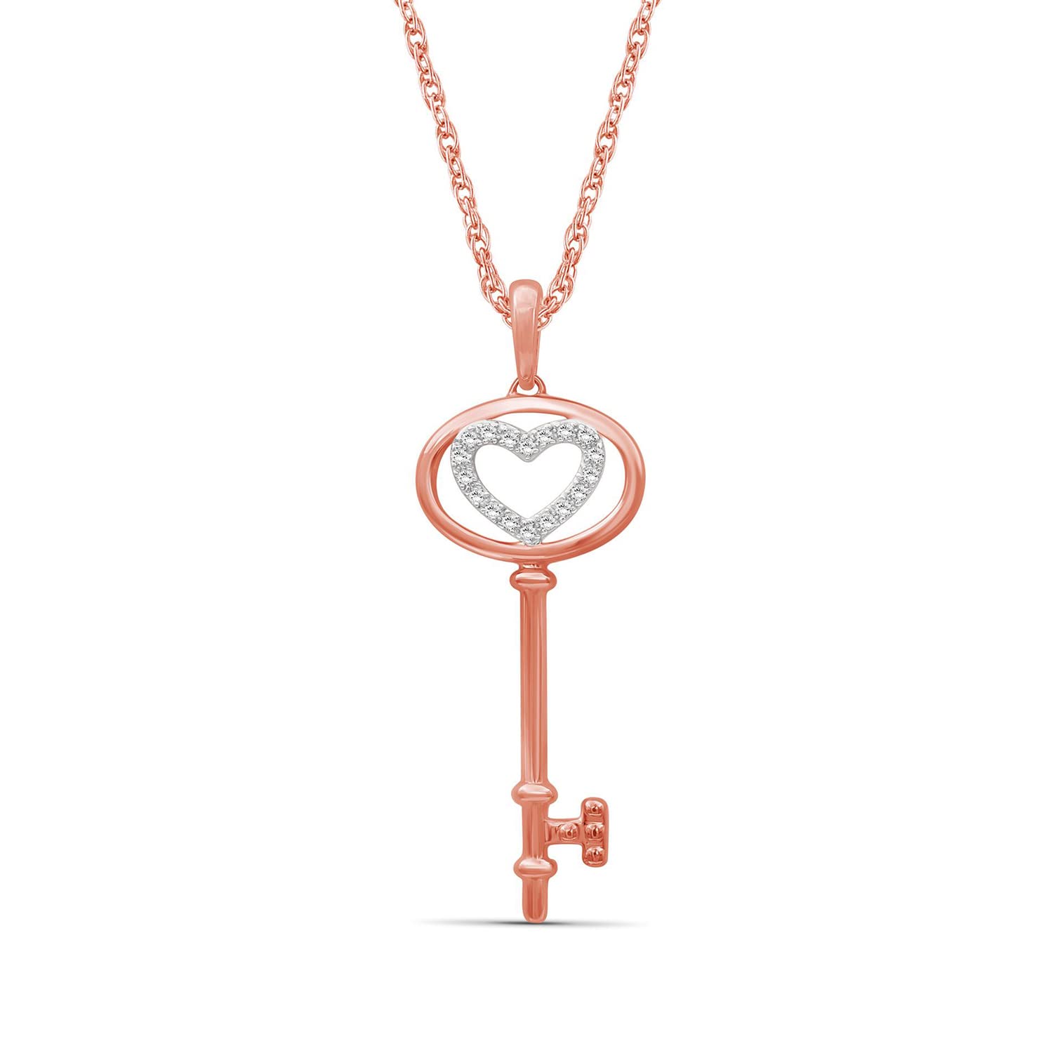 JEWELEXCESS 14K Rose Gold Plated Sterling Silver Key Pendant with White Diamond Accent - Elegant Jewelry Gift for Women, Perfect for Valentine's Day, Anniversary & Special Occasions