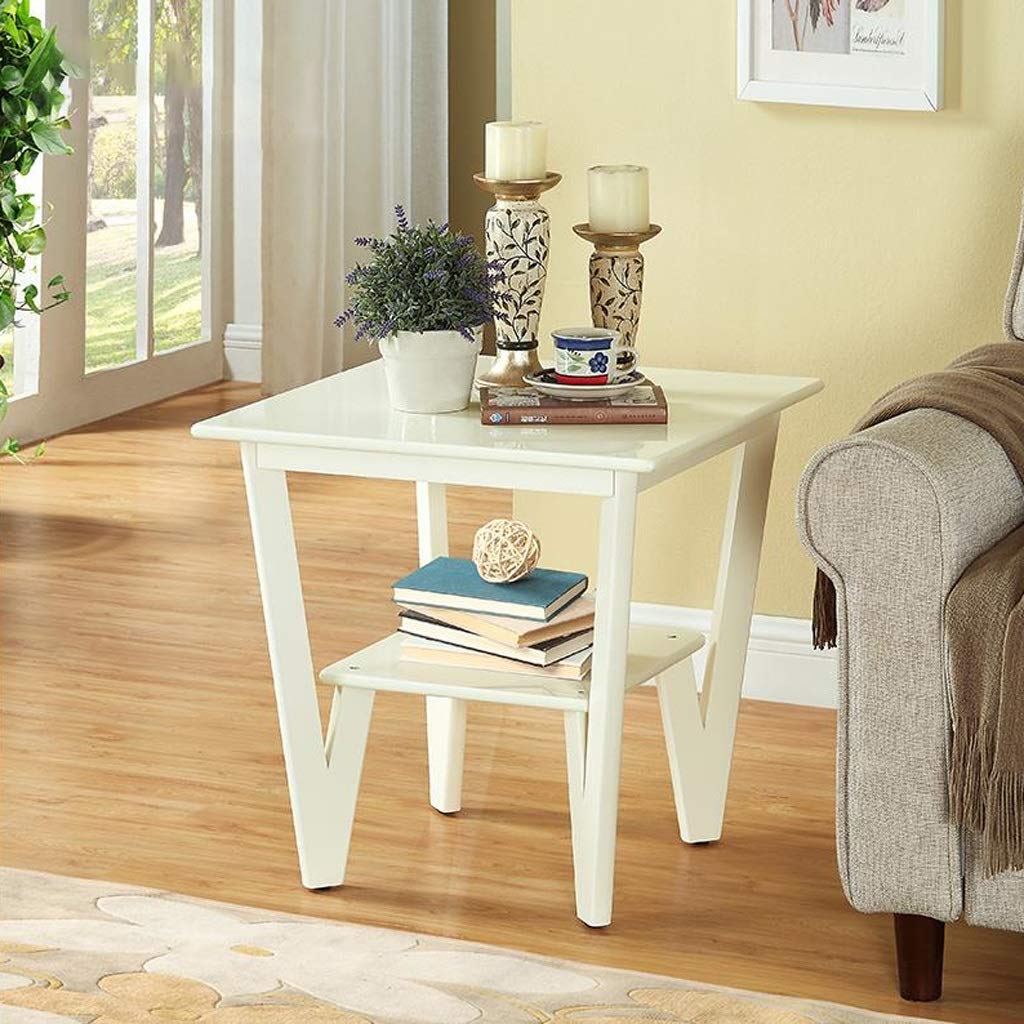 White Solid Wood Square Double-Layer End Table - 23x23 Inch Nightstand, Side Table & Coffee Table for Living Room, Bedroom & Office - Modern Small Sofa Table with Storage Space