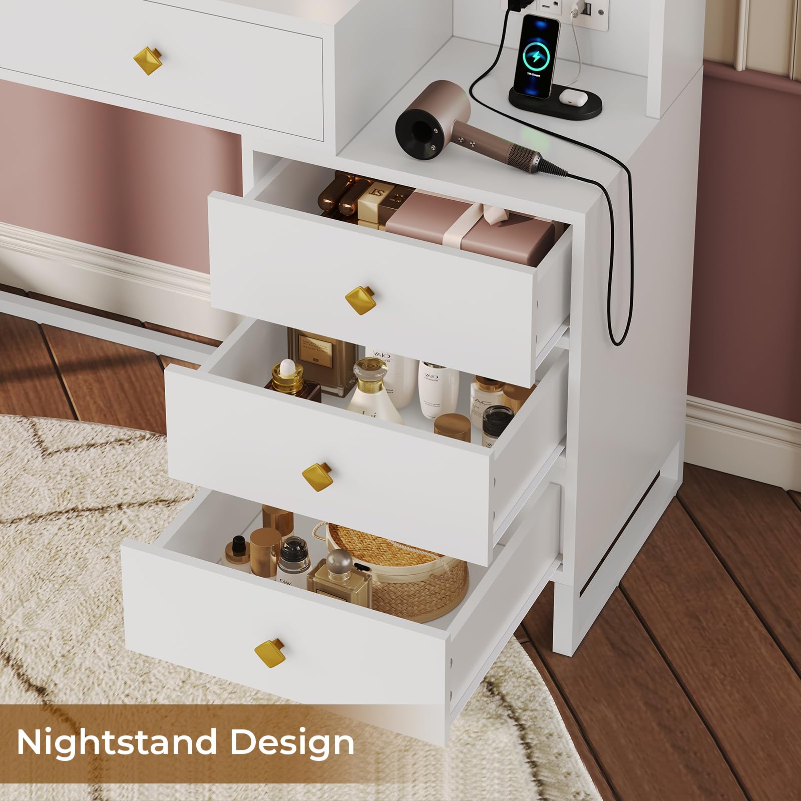 Tiptiper Vanity Desk with LED Lights & USB Charging Station - White Makeup Vanity Table with Mirror, 5 Drawers & Storage Shelves - Perfect for Bedroom, Dressing Room & Beauty Salon Organization