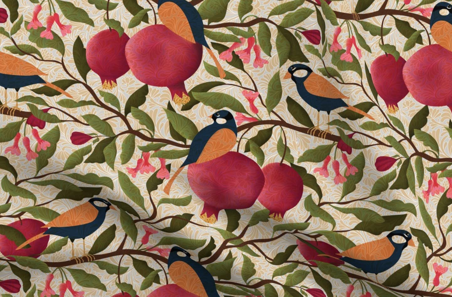 Autumn Pomegranates with Chickadees Printed Minky Fabric Fat Quarter - Soft Plush Fabric for Baby Blankets, Quilt Backing & Sewing Projects - Perfect for Nursery Decor, DIY Crafts & Cozy Home Textiles
