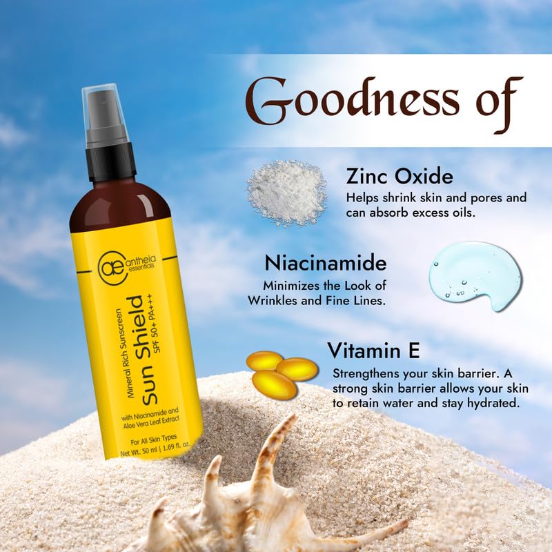 Antheia Essentials SPF 50 PA+++ Sunscreen for Women - Broad Spectrum Protection, No White Cast, Sensitive Skin Friendly with Dewy Finish - 50ml | Daily Face Moisturizer for Outdoor Activities, Beach & Travel