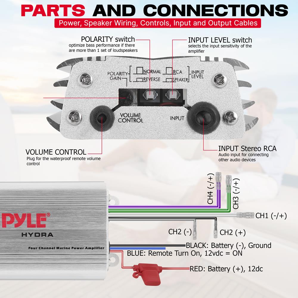 4 Channel Waterproof Marine Amplifier - 1000W High Power Boat Audio System for Outdoor Boating, Fishing & Water Sports