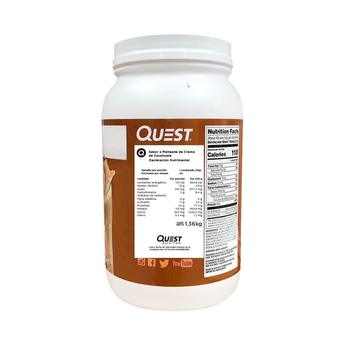 Quest Nutrition Peanut Butter Protein Powder - 23g Protein, 1g Sugar, Low Carb, Gluten Free, 3lb (43 Servings) | Post-Workout Recovery & Healthy Meal Replacement for Athletes & Fitness Enthusiasts