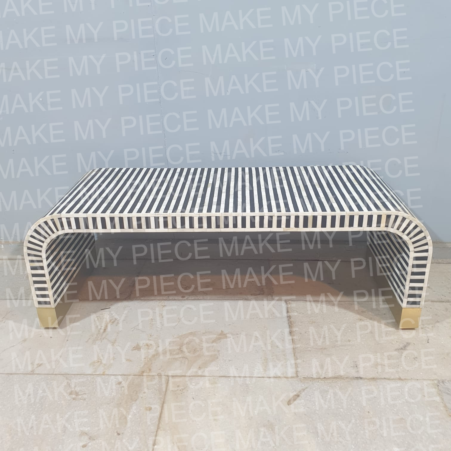 Handcrafted DANIELLE Bone Inlay Waterfall Coffee Table - Solid Wood with Strip Pattern - Perfect for Boho & Eclectic Living Room Decor