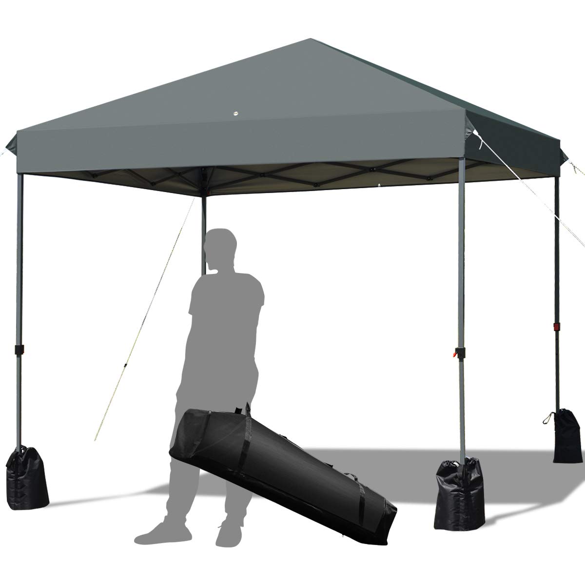 Tangkula 8x8 Ft Pop Up Canopy Tent - Portable Instant Shelter with Wheeled Carry Bag, 4 Sand Bags & 8 Stakes - Waterproof Outdoor Shade for Camping, Beach Parties, Backyard BBQs (Gray)